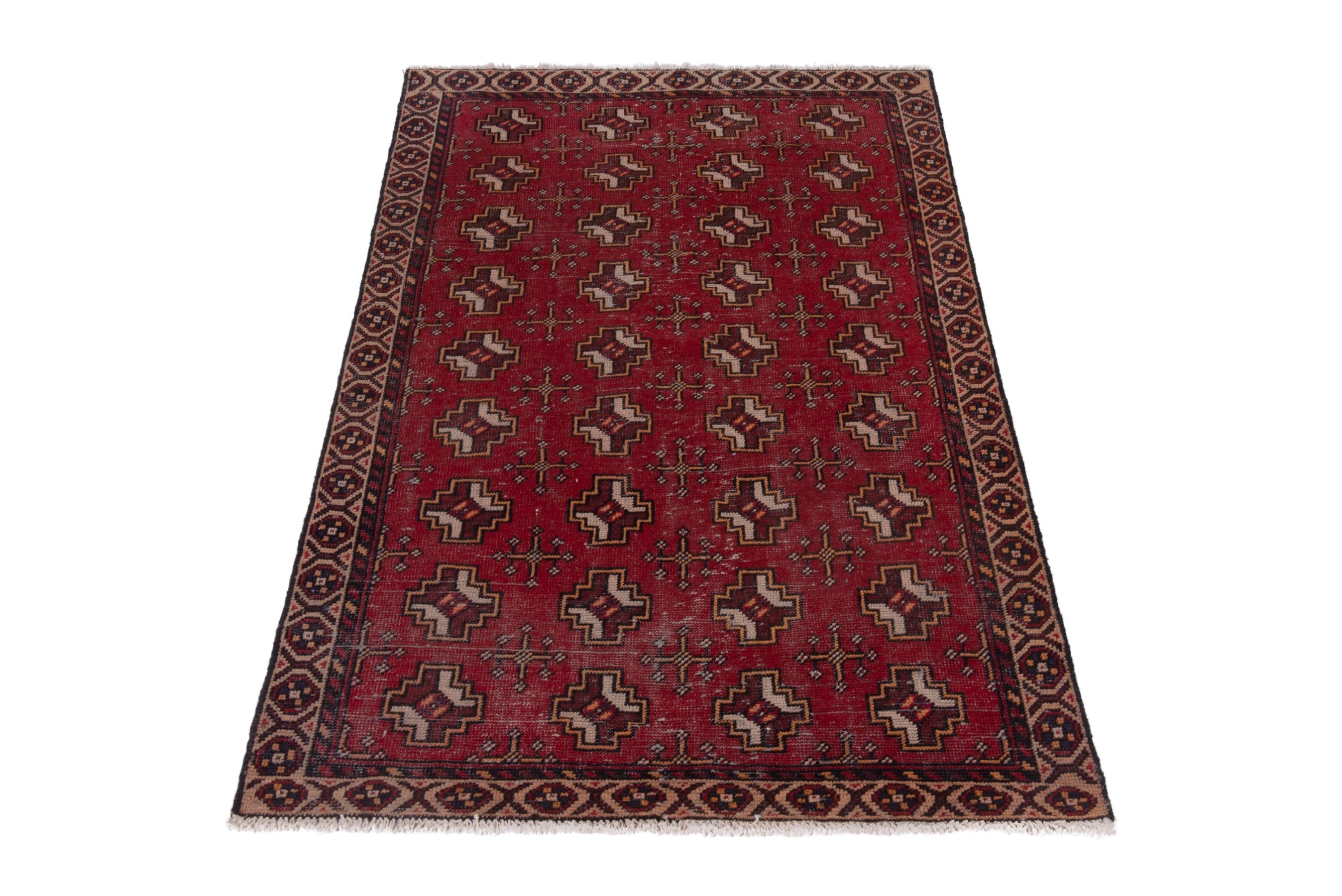 Persian Torkaman accent rug in deep red and tan, view 3 of 18