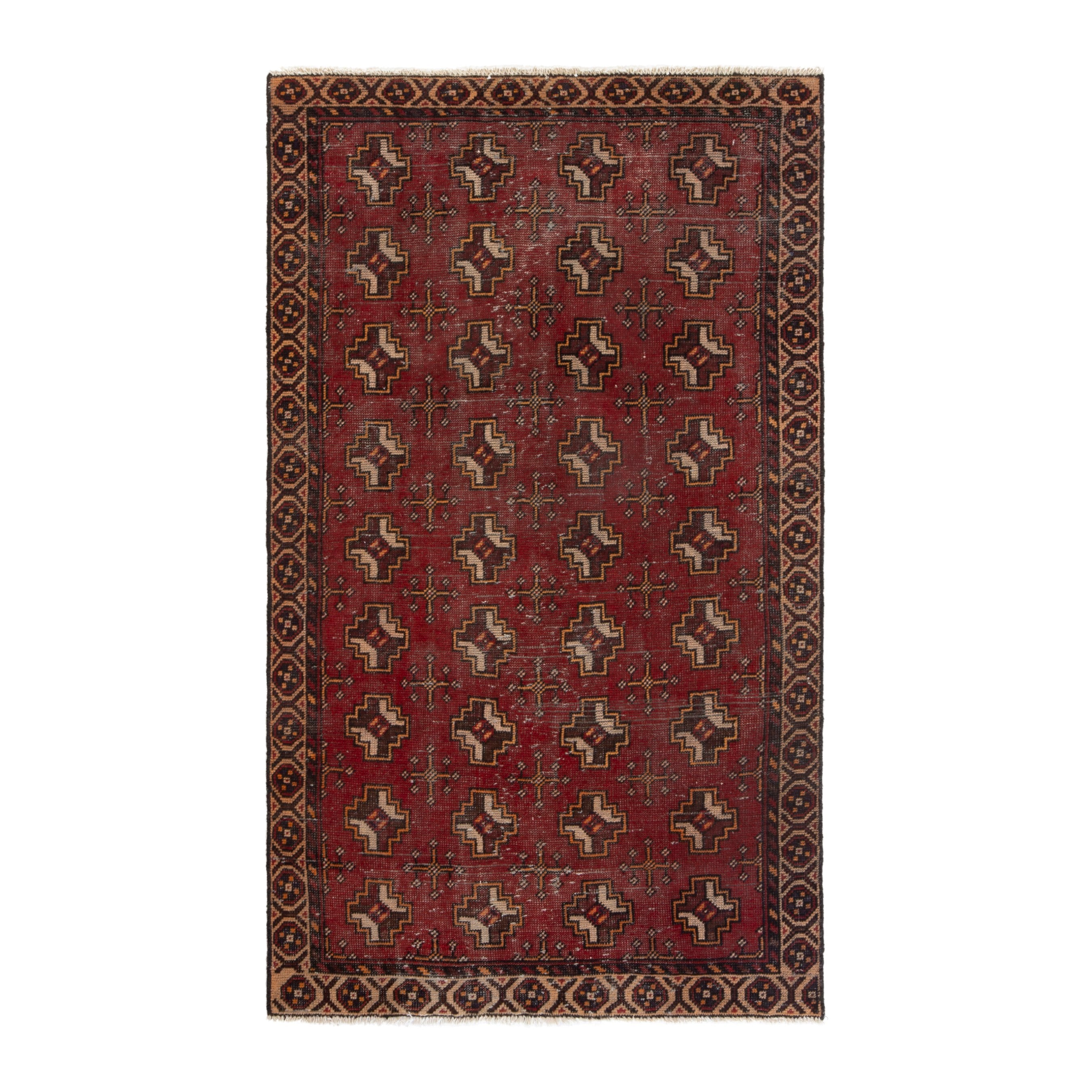 Persian Torkaman accent rug in deep red and tan, 3'6" x 6'1"