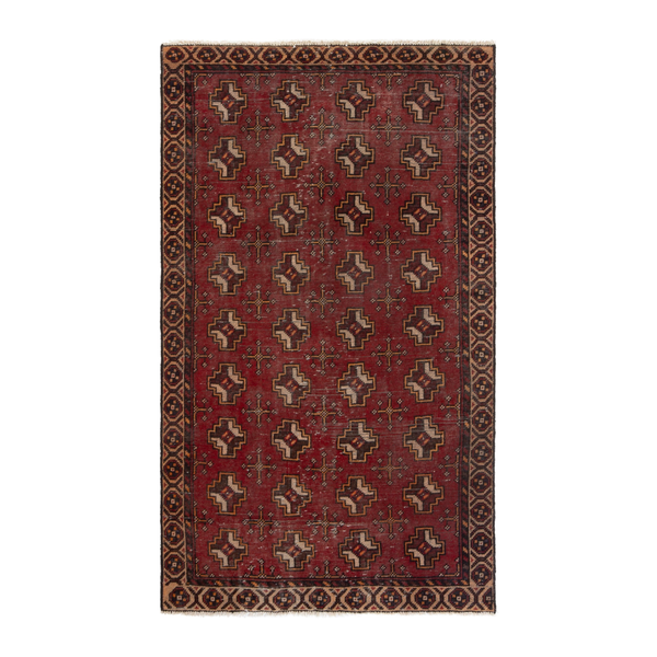 Persian Torkaman accent rug in deep red and tan, 3'6" x 6'1"