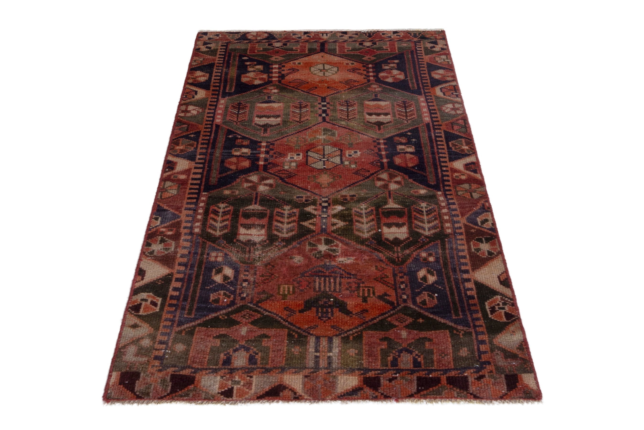 Persian Bakhtiari accent rug in navy and rust, view 2 of 18