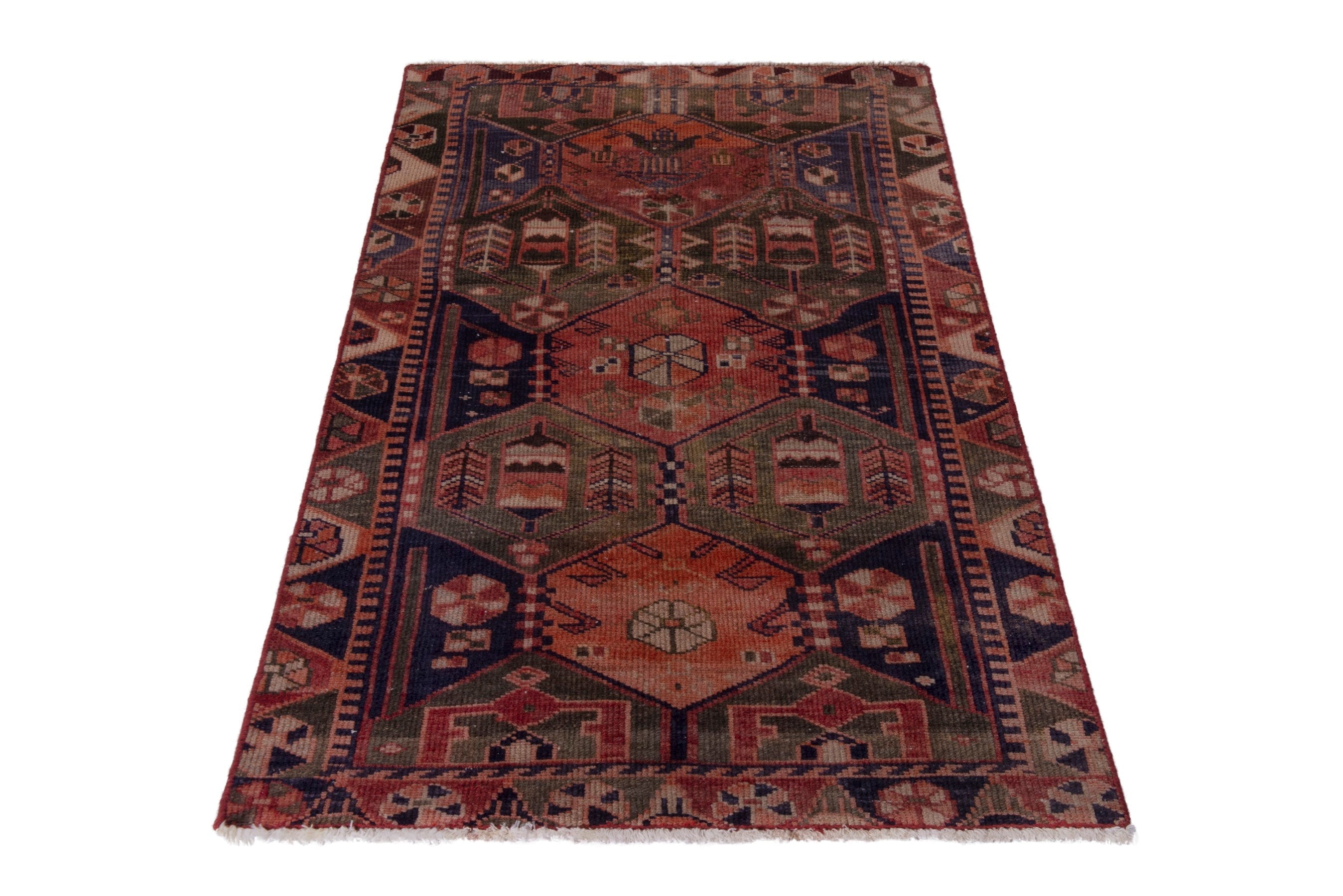 Persian Bakhtiari accent rug in navy and rust, view 3 of 18