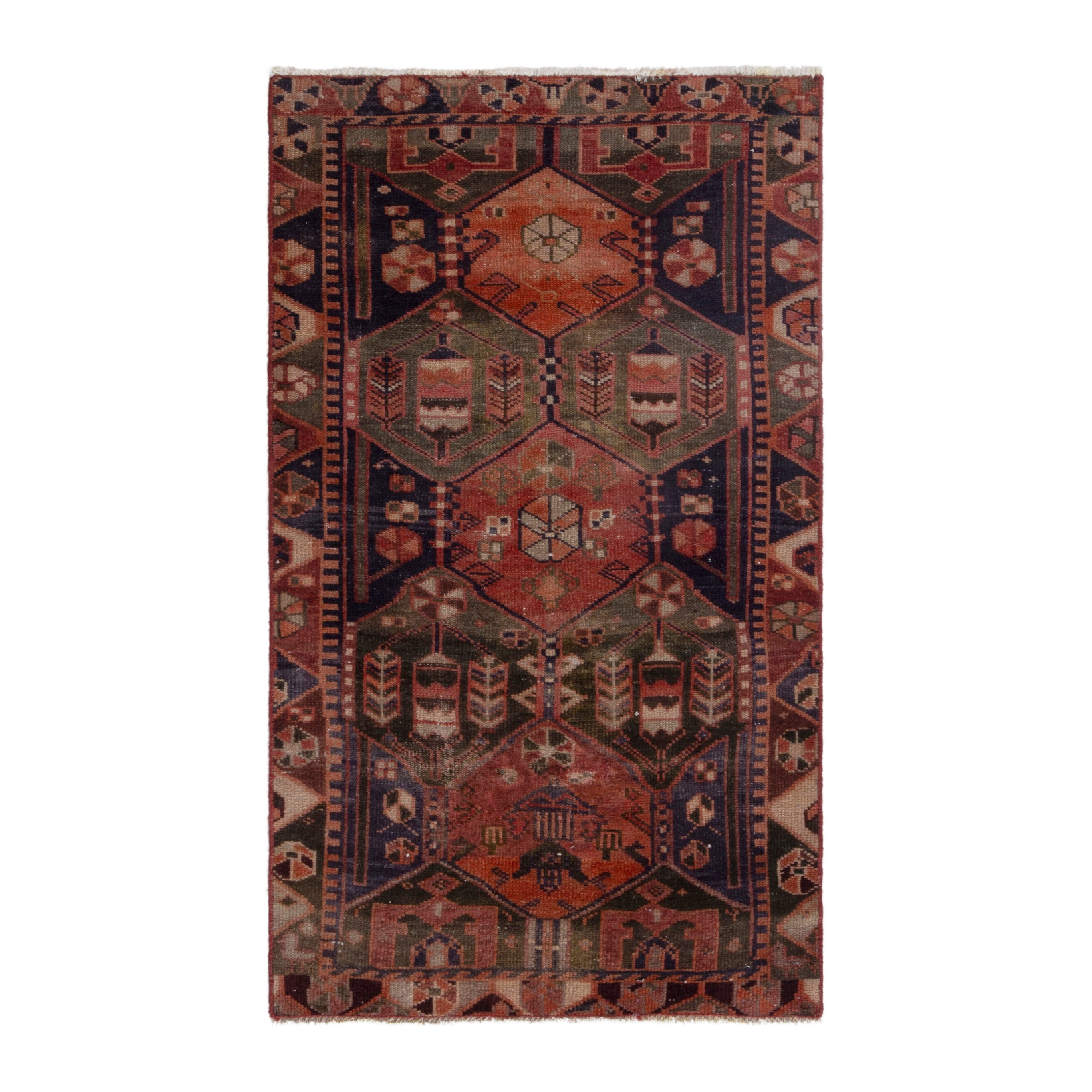 Persian Bakhtiari accent rug in navy and rust, 3'3" x 5'7"