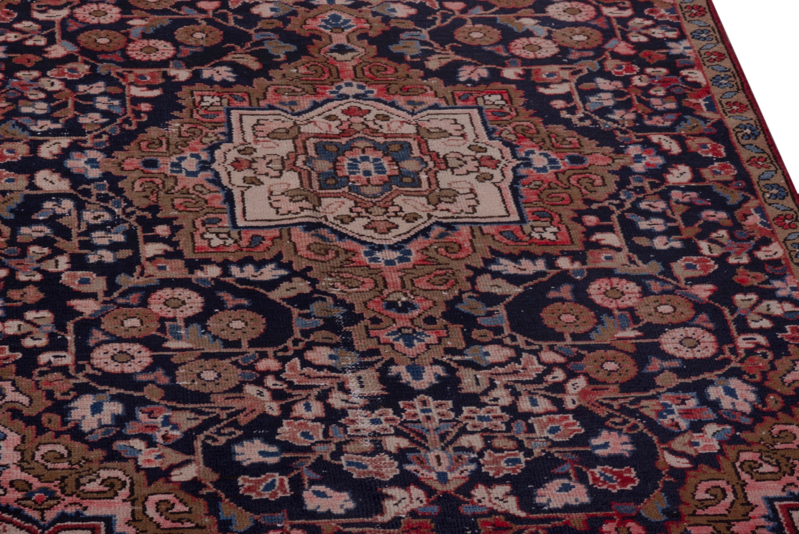 Persian Hamedan accent rug in navy and rust, view 10 of 17