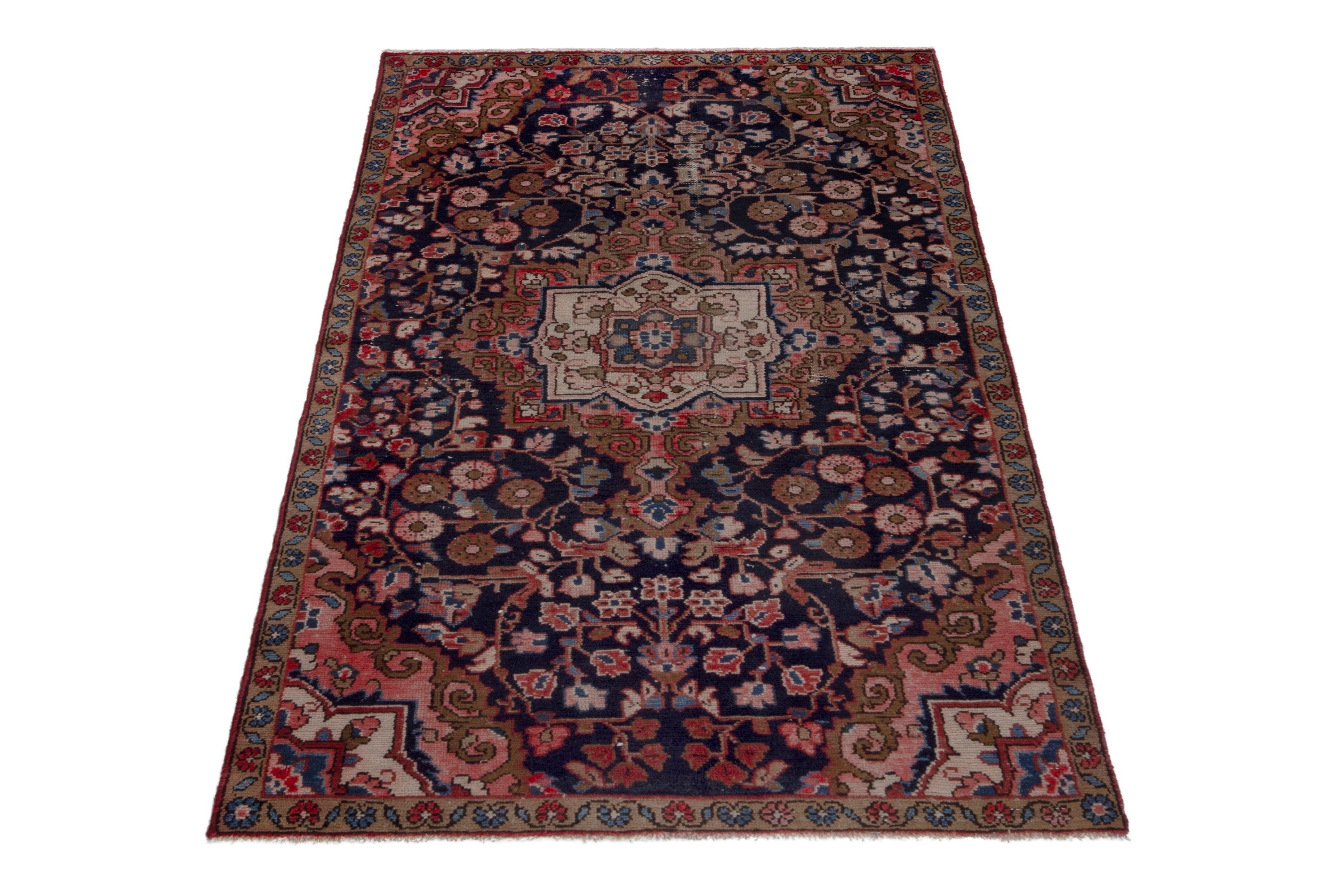 Persian Hamedan accent rug in navy and rust, view 2 of 17