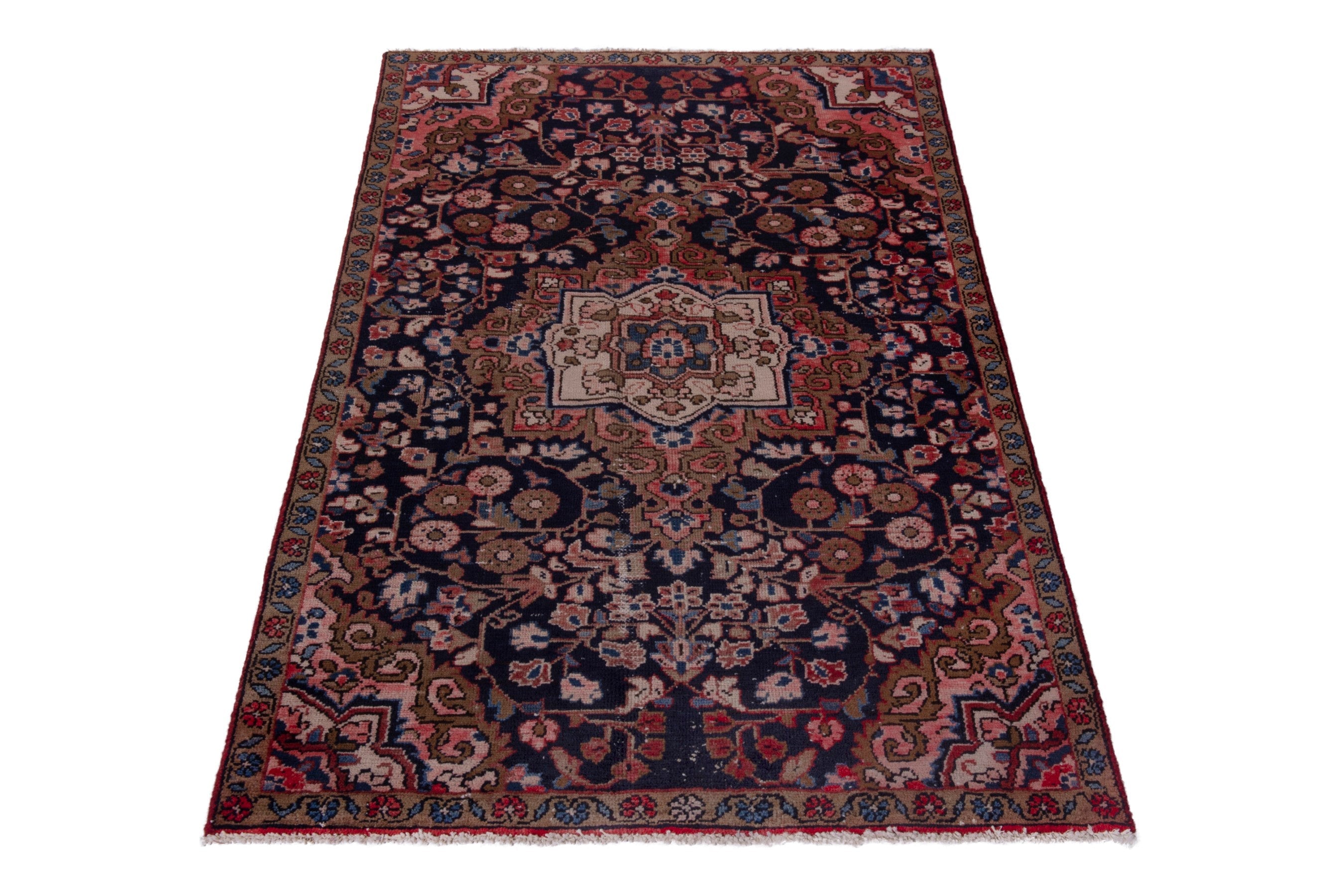 Persian Hamedan accent rug in navy and rust, view 3 of 17