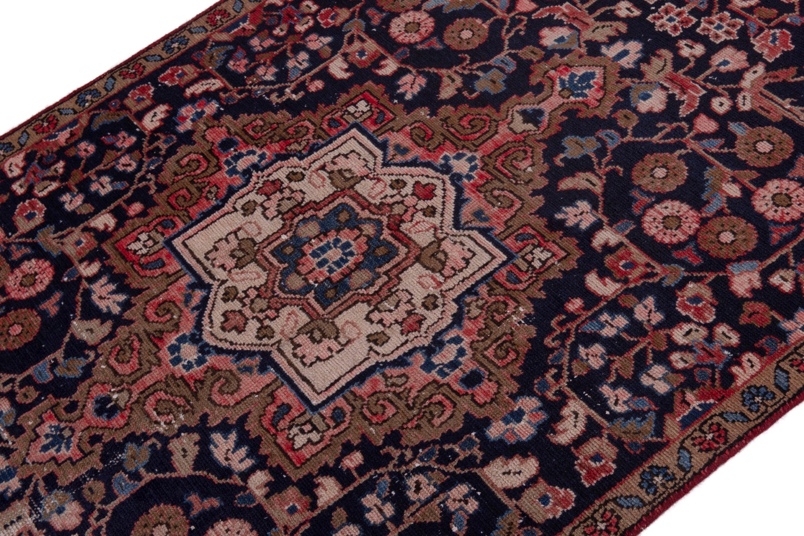Persian Hamedan accent rug in navy and rust, view 4 of 17
