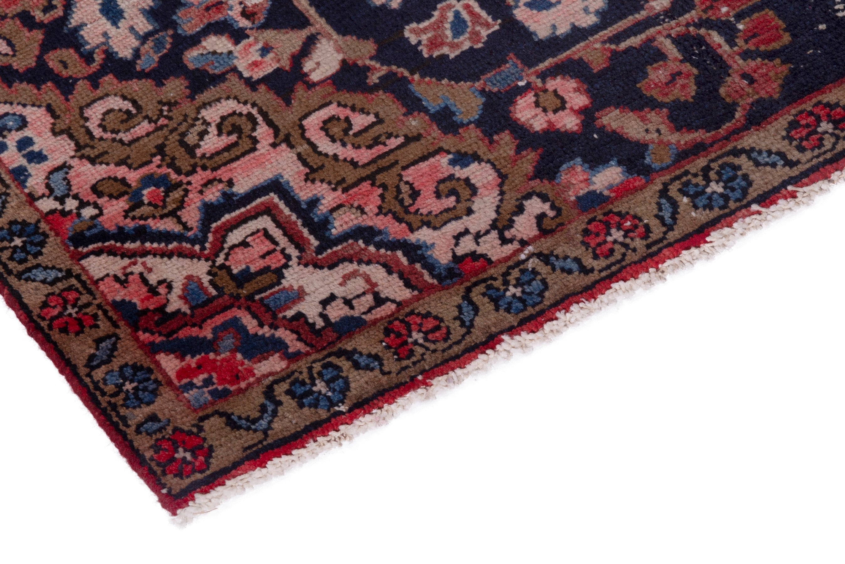 Persian Hamedan accent rug in navy and rust, view 6 of 17