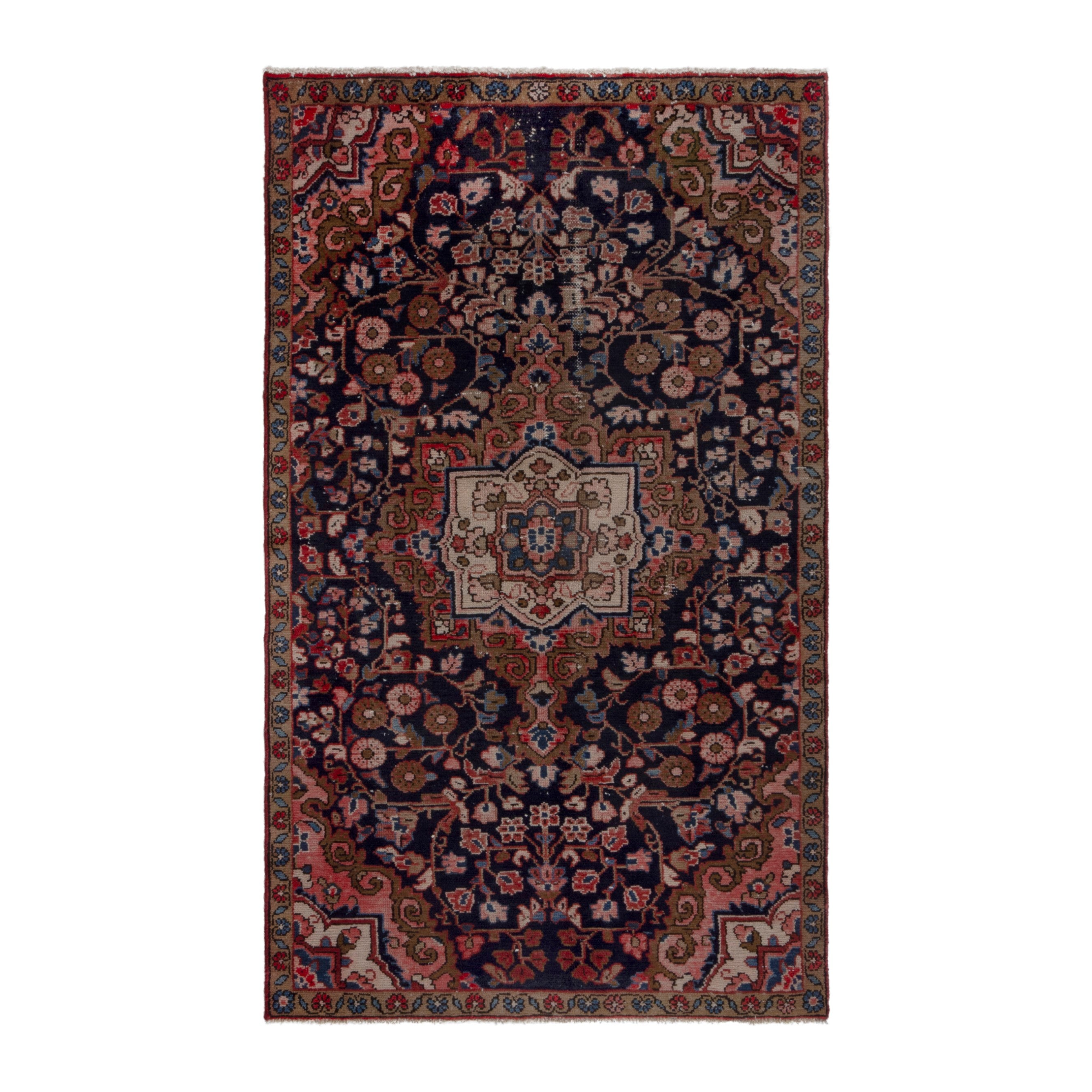 Persian Hamedan accent rug in navy and rust, 3'7" x 6'5"