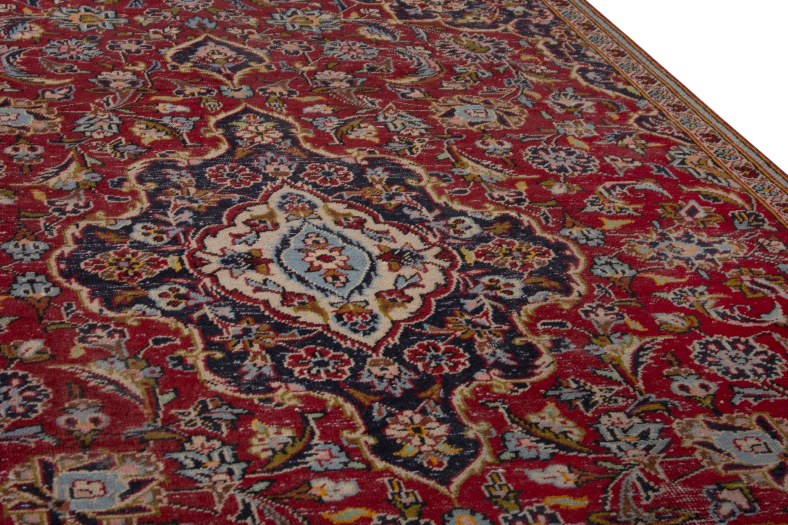 Persian Kashan accent rug in deep red and navy, view 10 of 17