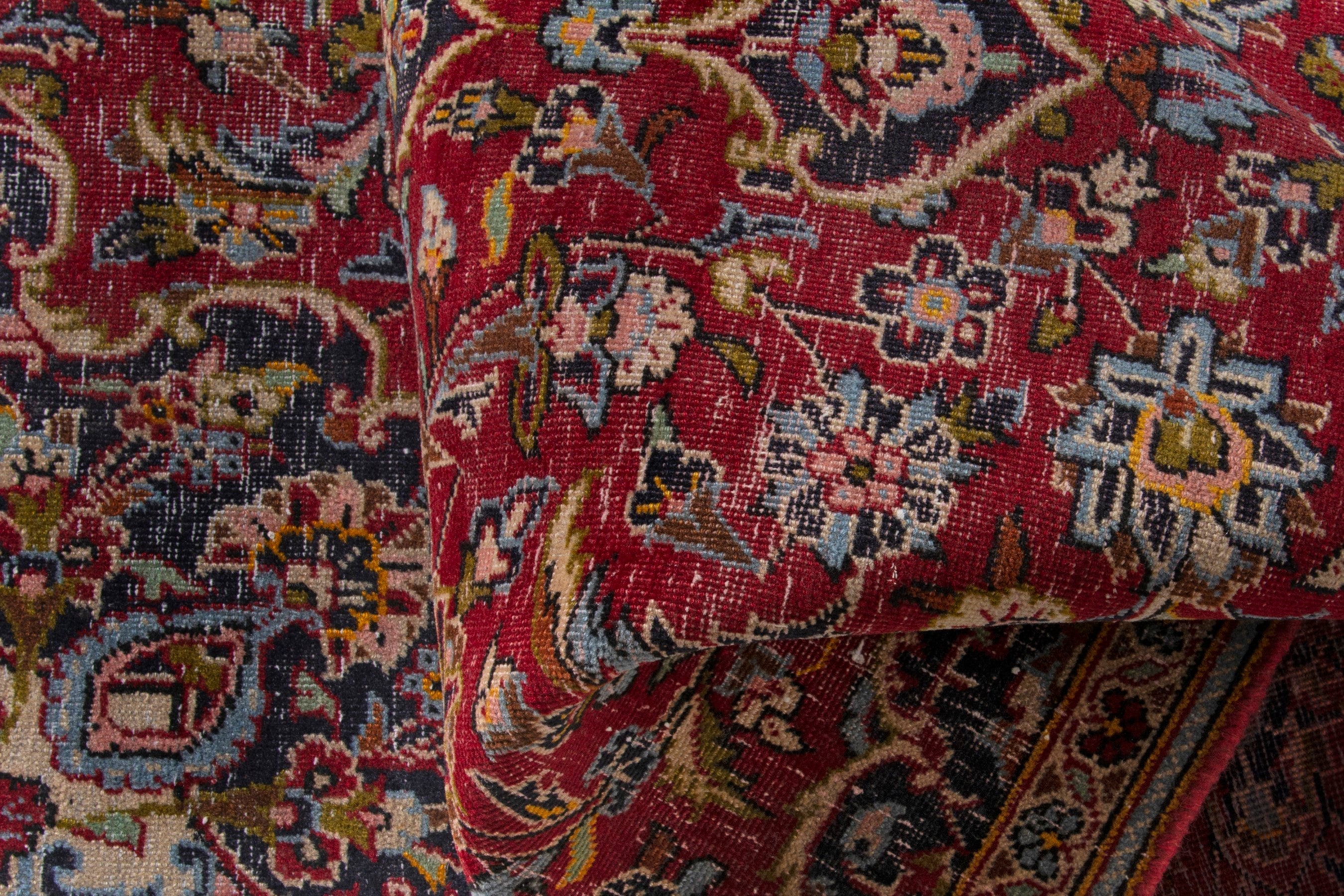 Persian Kashan accent rug in deep red and navy, view 15 of 17