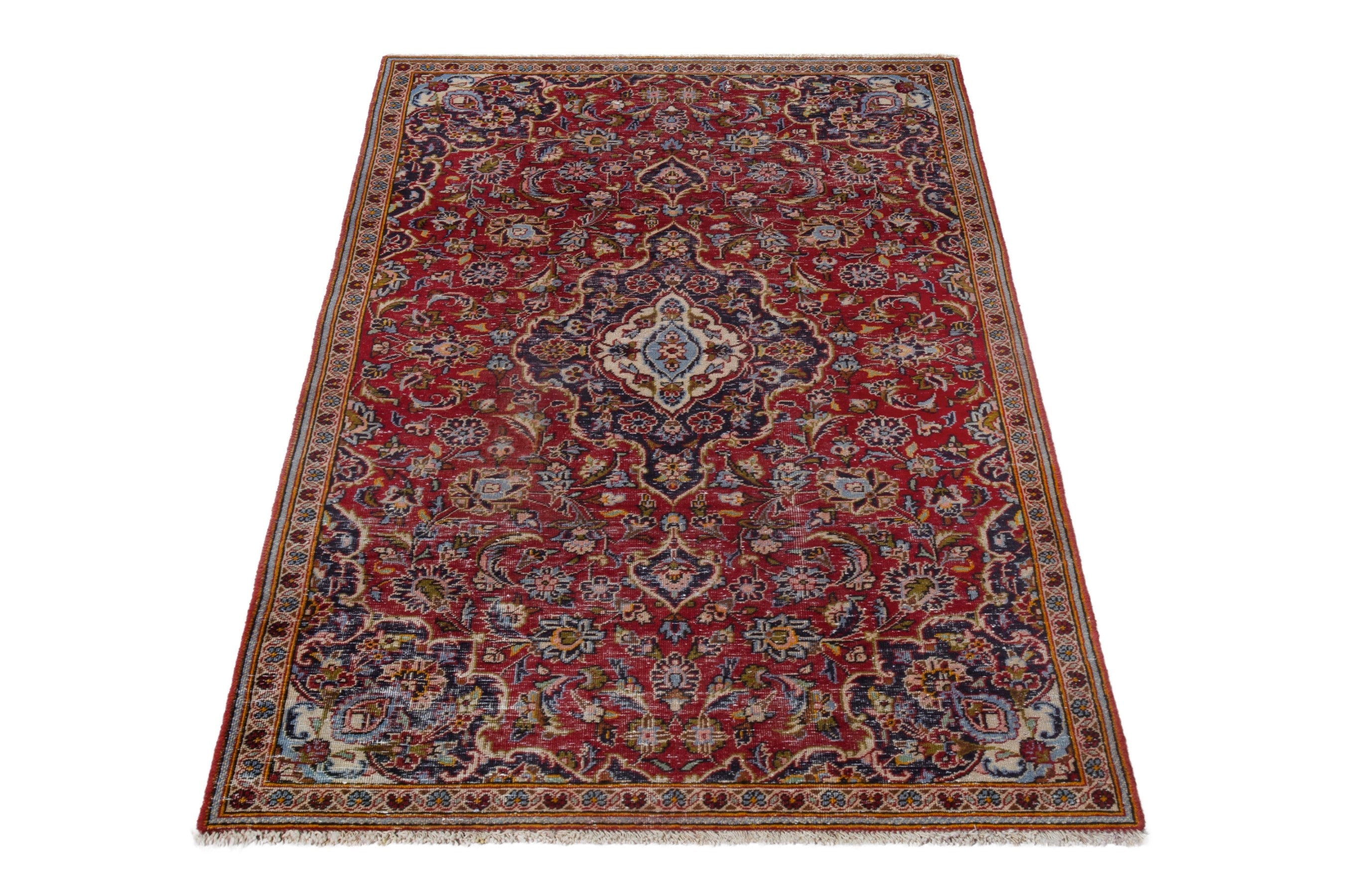 Persian Kashan accent rug in deep red and navy, view 2 of 17