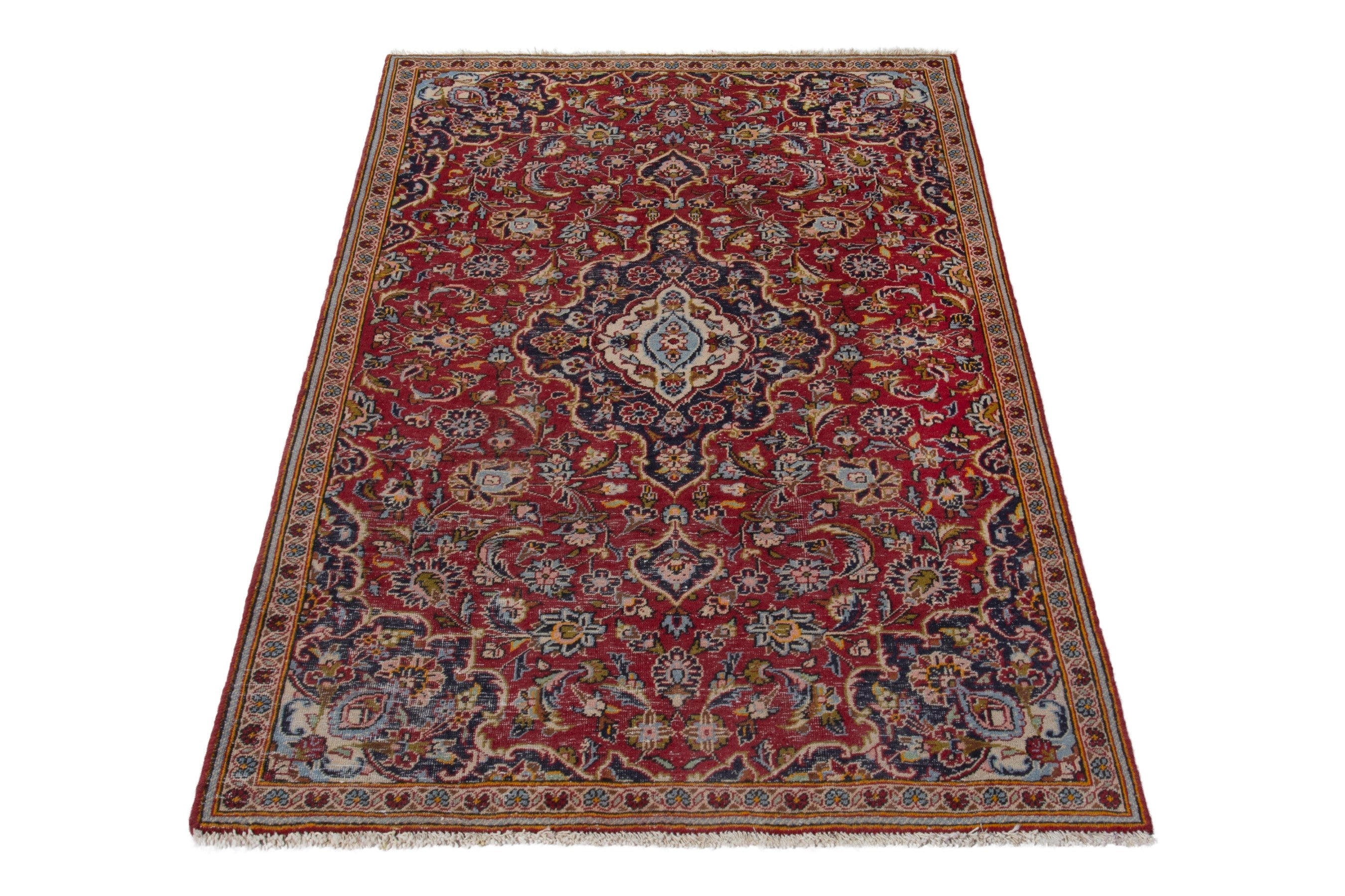 Persian Kashan accent rug in deep red and navy, view 3 of 17