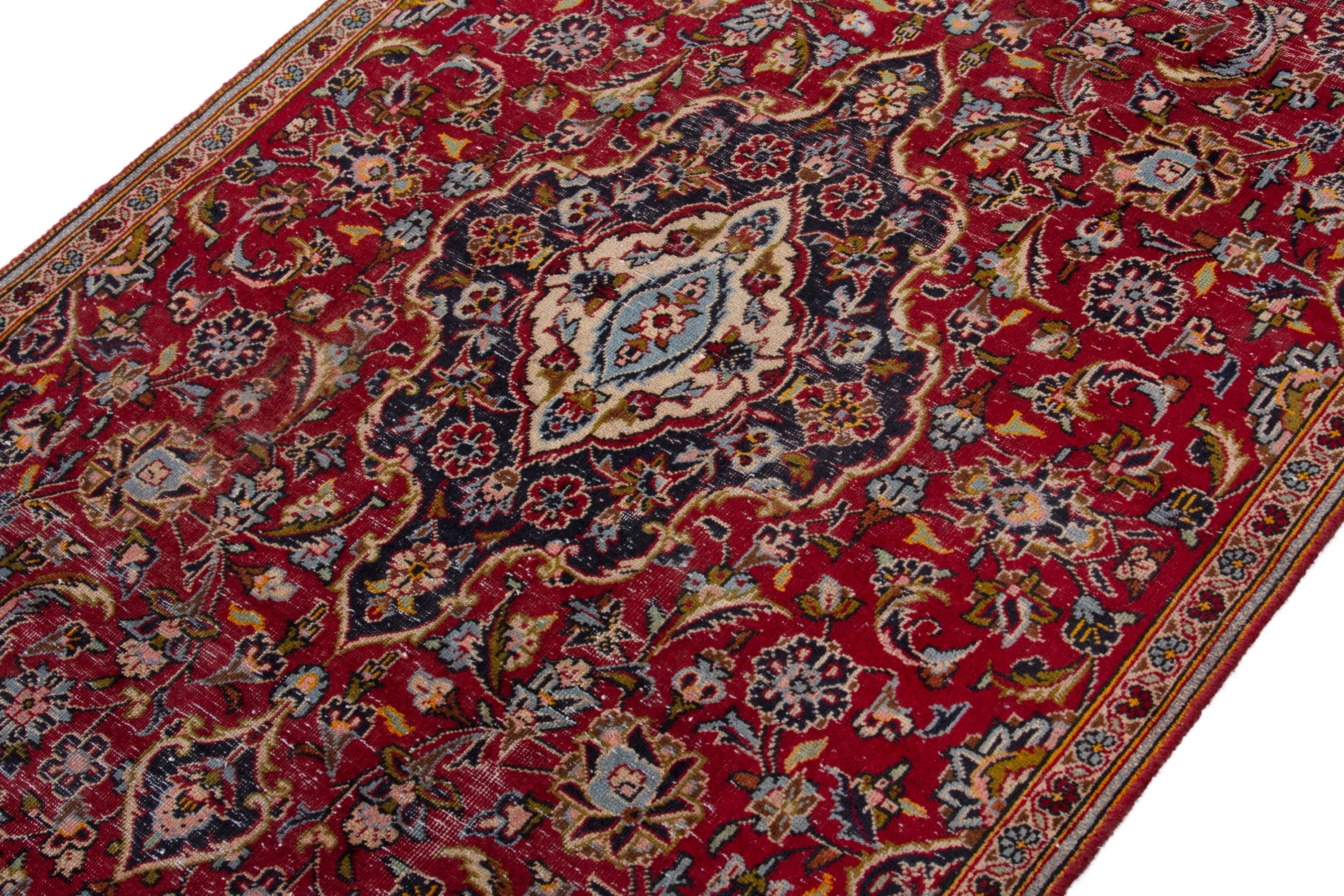 Persian Kashan accent rug in deep red and navy, view 4 of 17