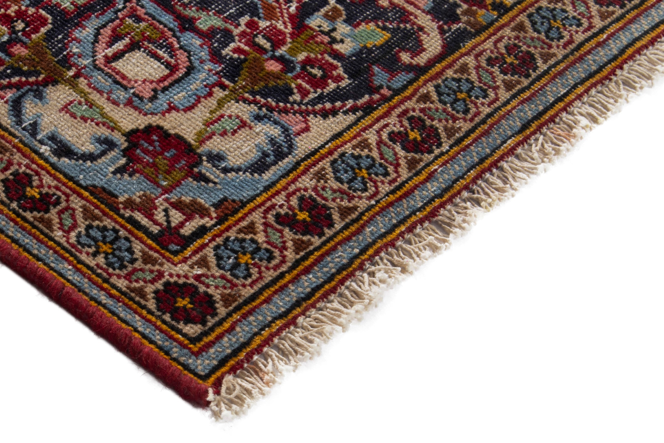 Persian Kashan accent rug in deep red and navy, view 6 of 17