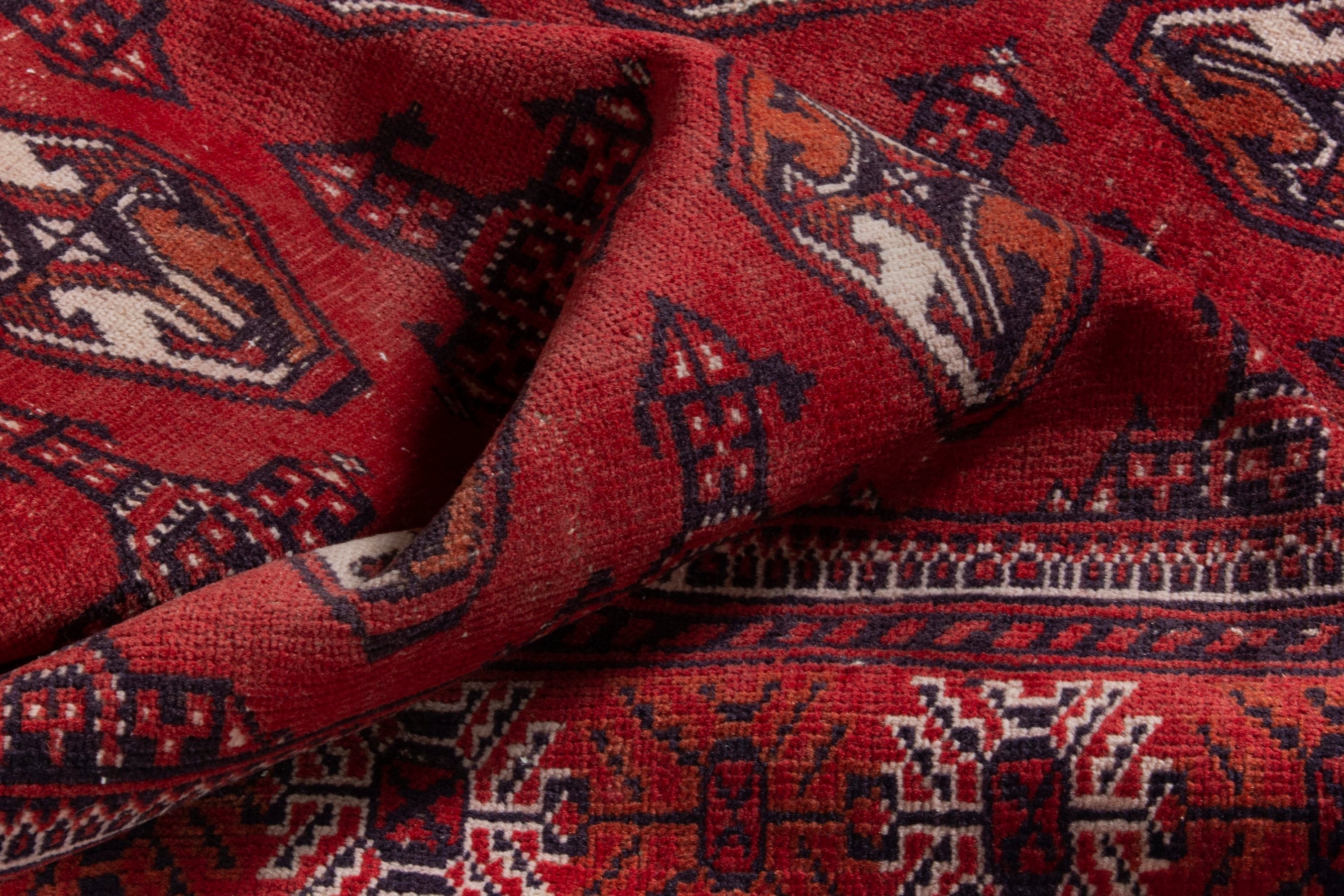 Persian Torkaman accent rug in deep red and faded red, view 16 of 18