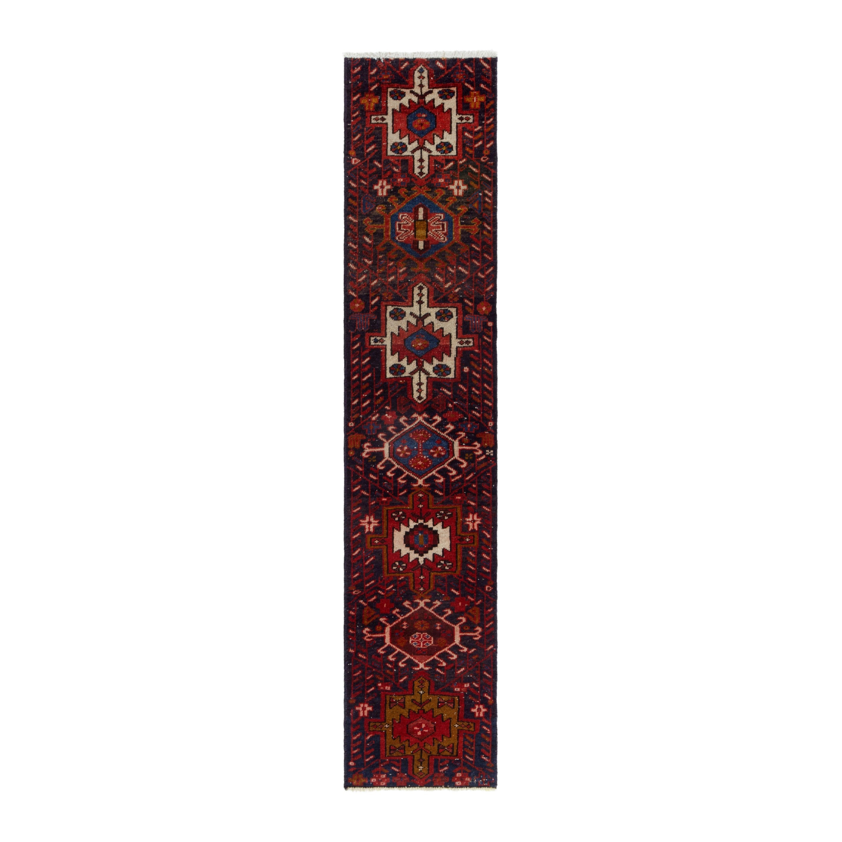 Persian Gharajeh runner rug in deep red and cream, 1'7" x 7'4"