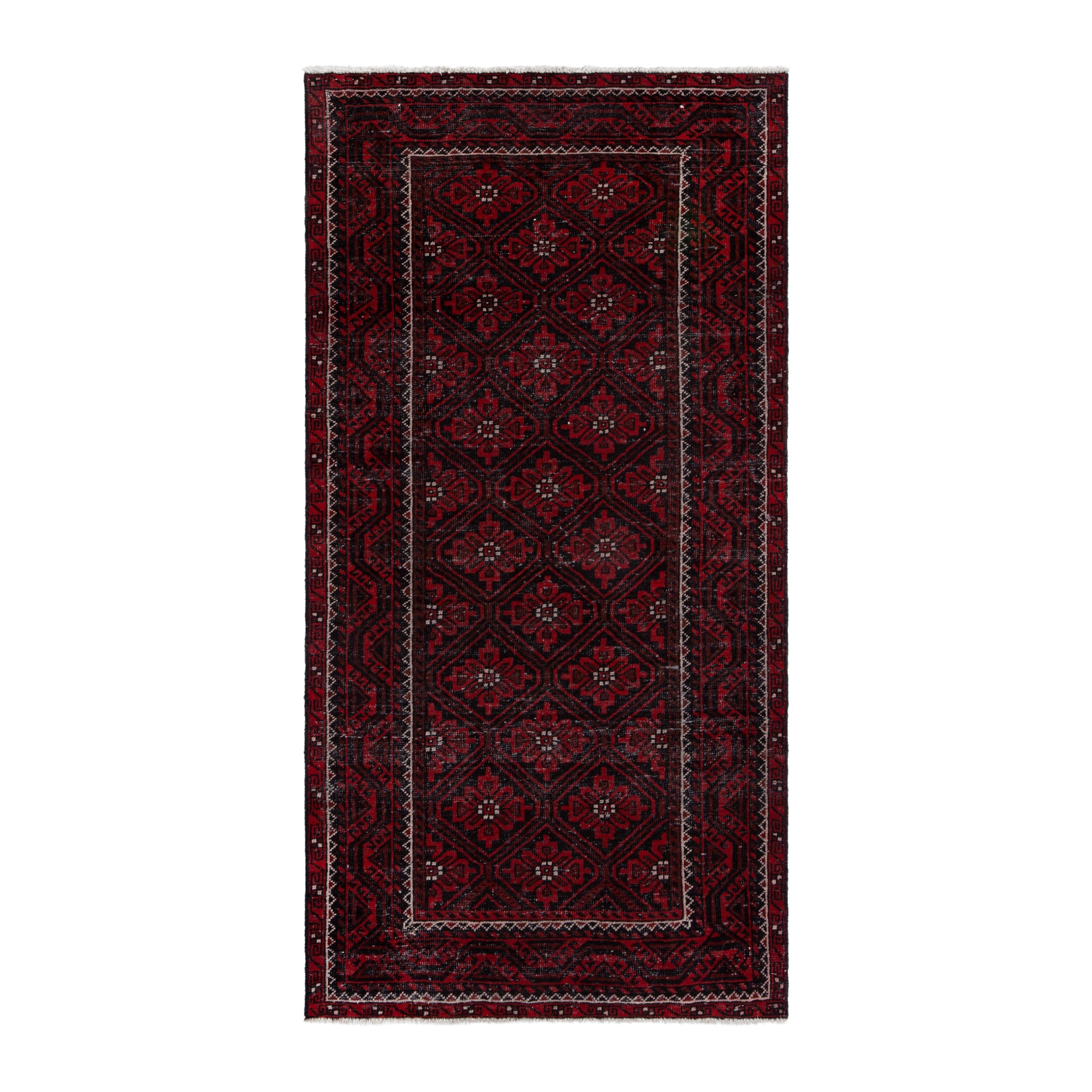 Persian Baluch runner rug in burgundy and deep red, 3'7" x 7'5"