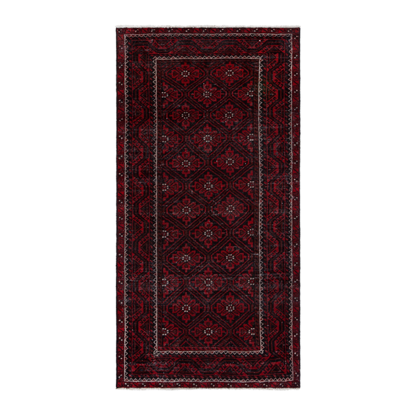 Persian Baluch runner rug in burgundy and deep red, 3'7" x 7'5"