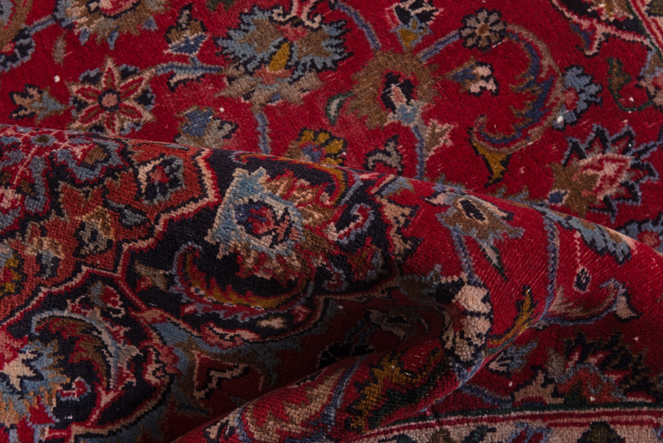 Persian Mashhad accent rug in deep red and faded red, view 18 of 19