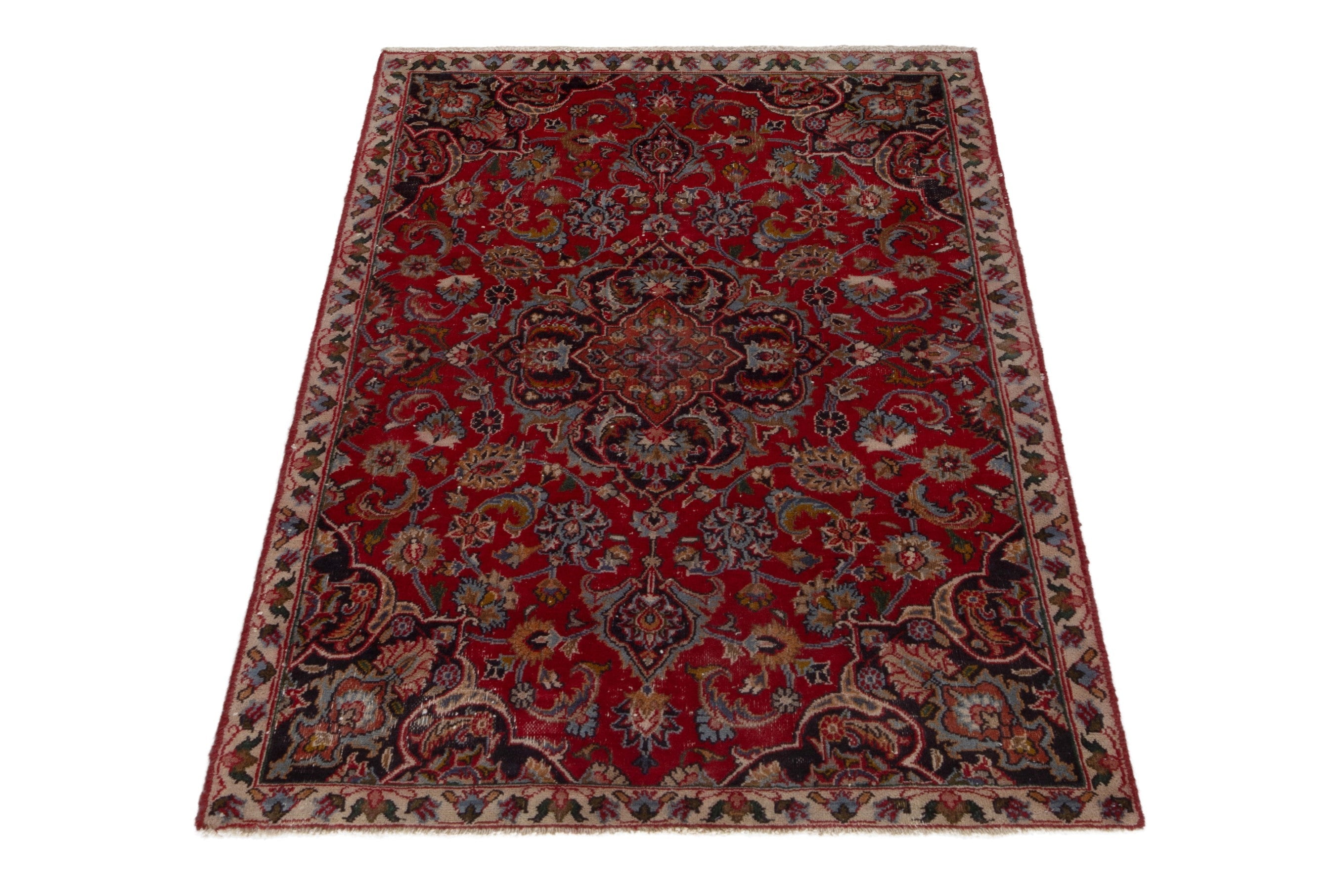 Persian Mashhad accent rug in deep red and faded red, view 2 of 19