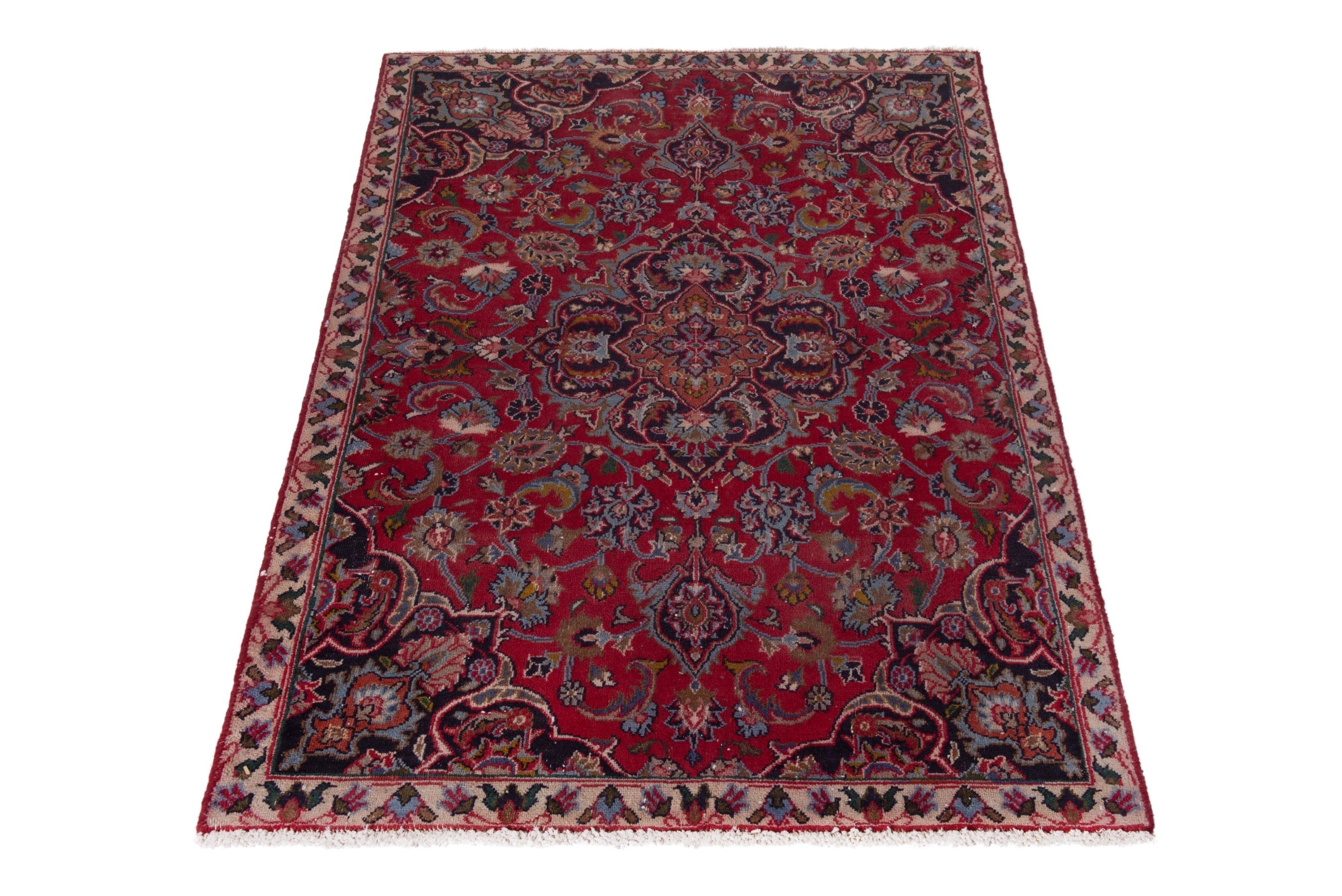 Persian Mashhad accent rug in deep red and faded red, view 3 of 19