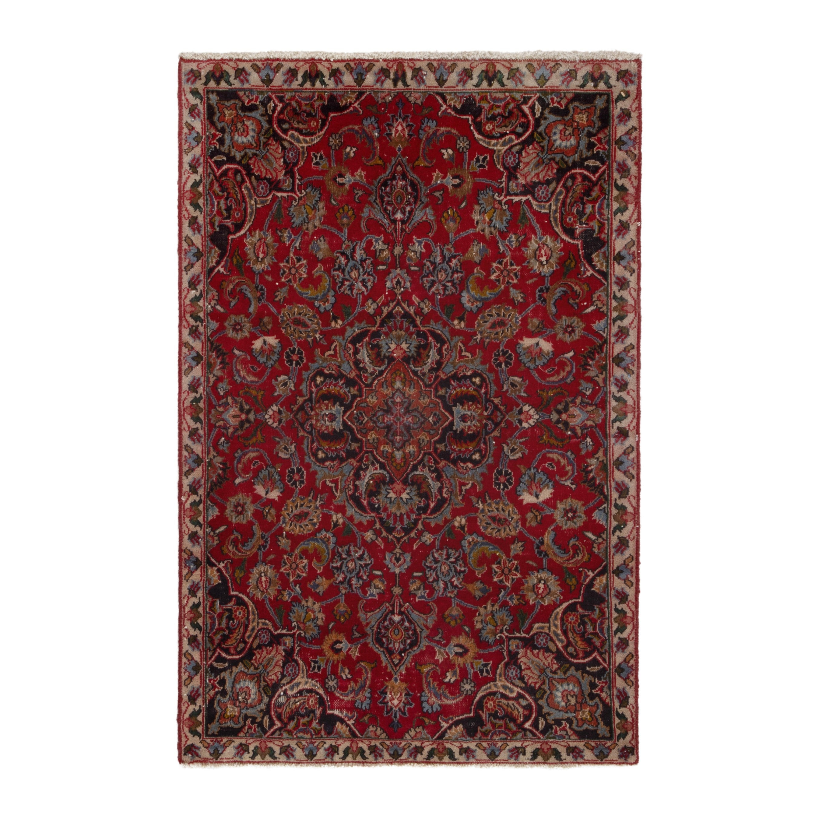 Persian Mashhad accent rug in deep red and faded red, 3'7" x 5'5"