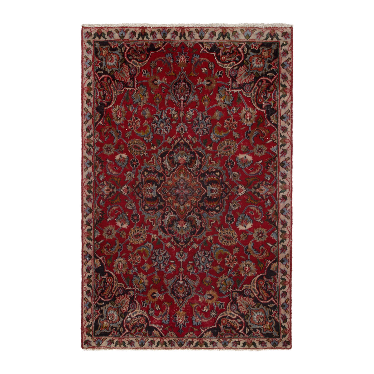 Persian Mashhad accent rug in deep red and faded red, 3'7" x 5'5"