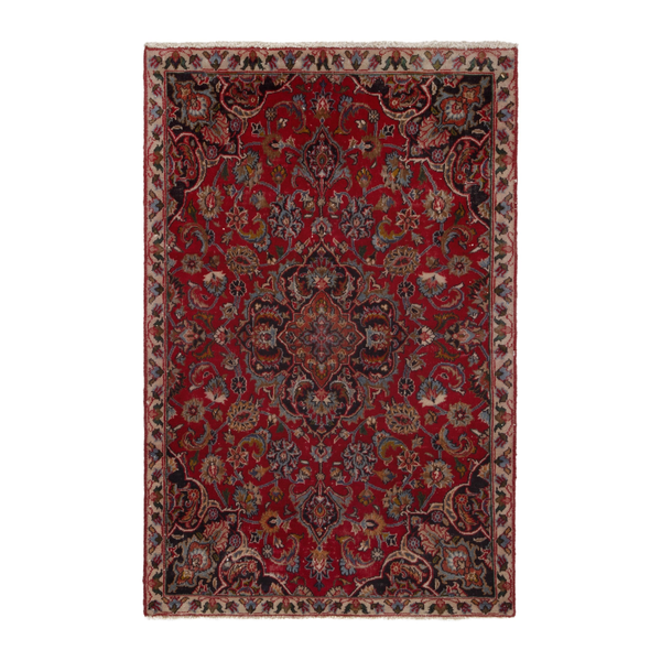 Persian Mashhad accent rug in deep red and faded red, 3'7" x 5'5"