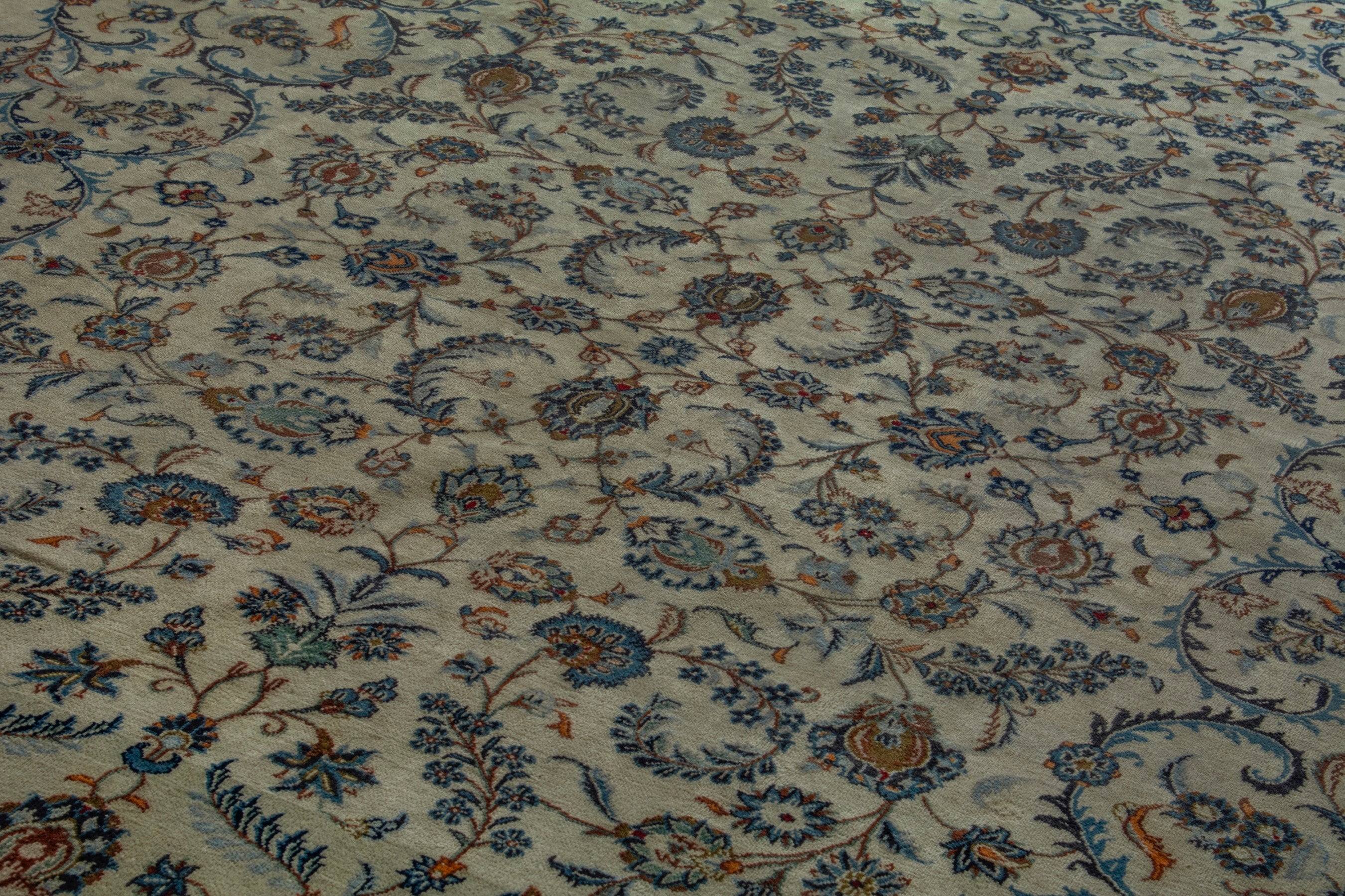 Persian Kashan oversized rug in cream and navy, view 10 of 22
