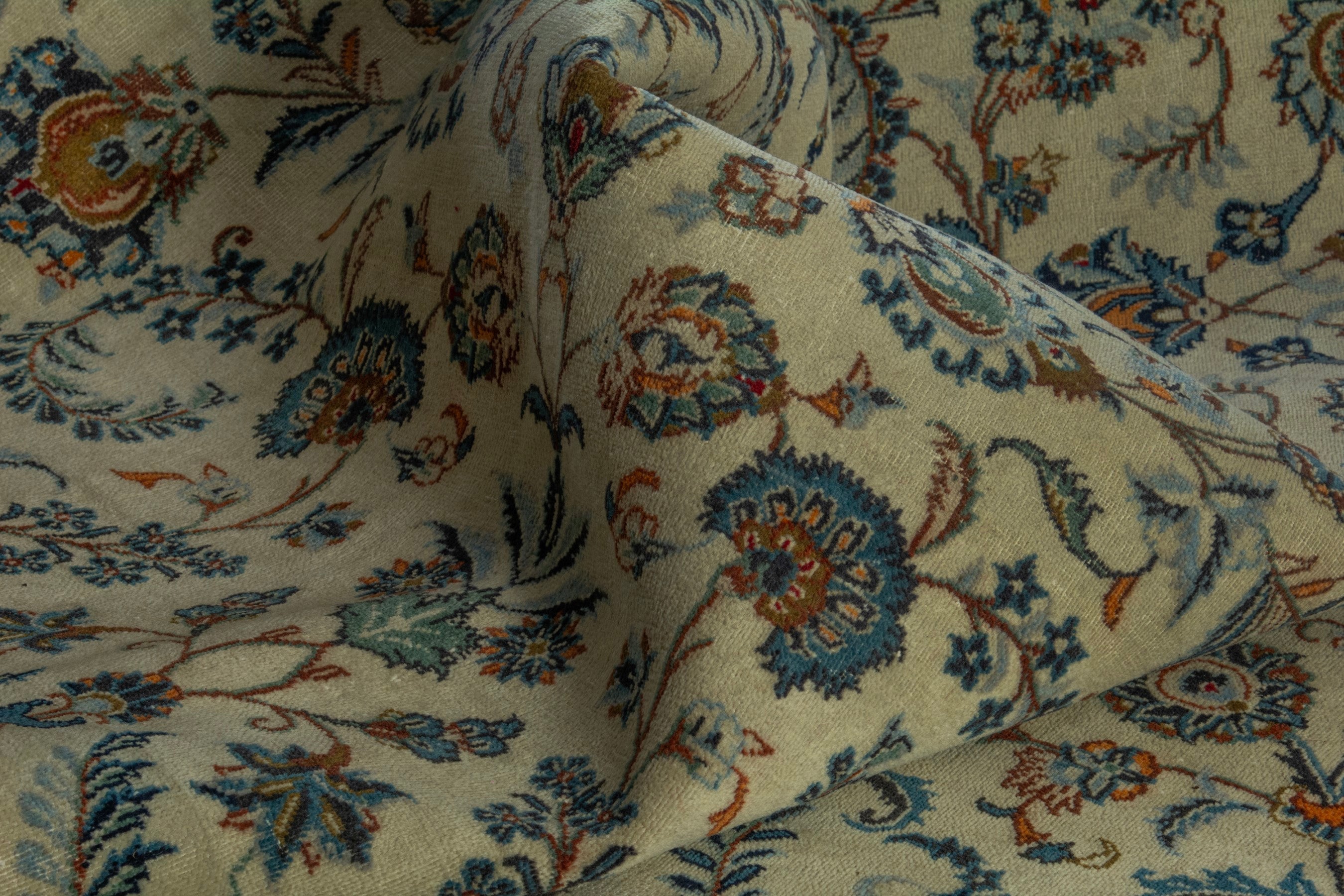 Persian Kashan oversized rug in cream and navy, view 17 of 22