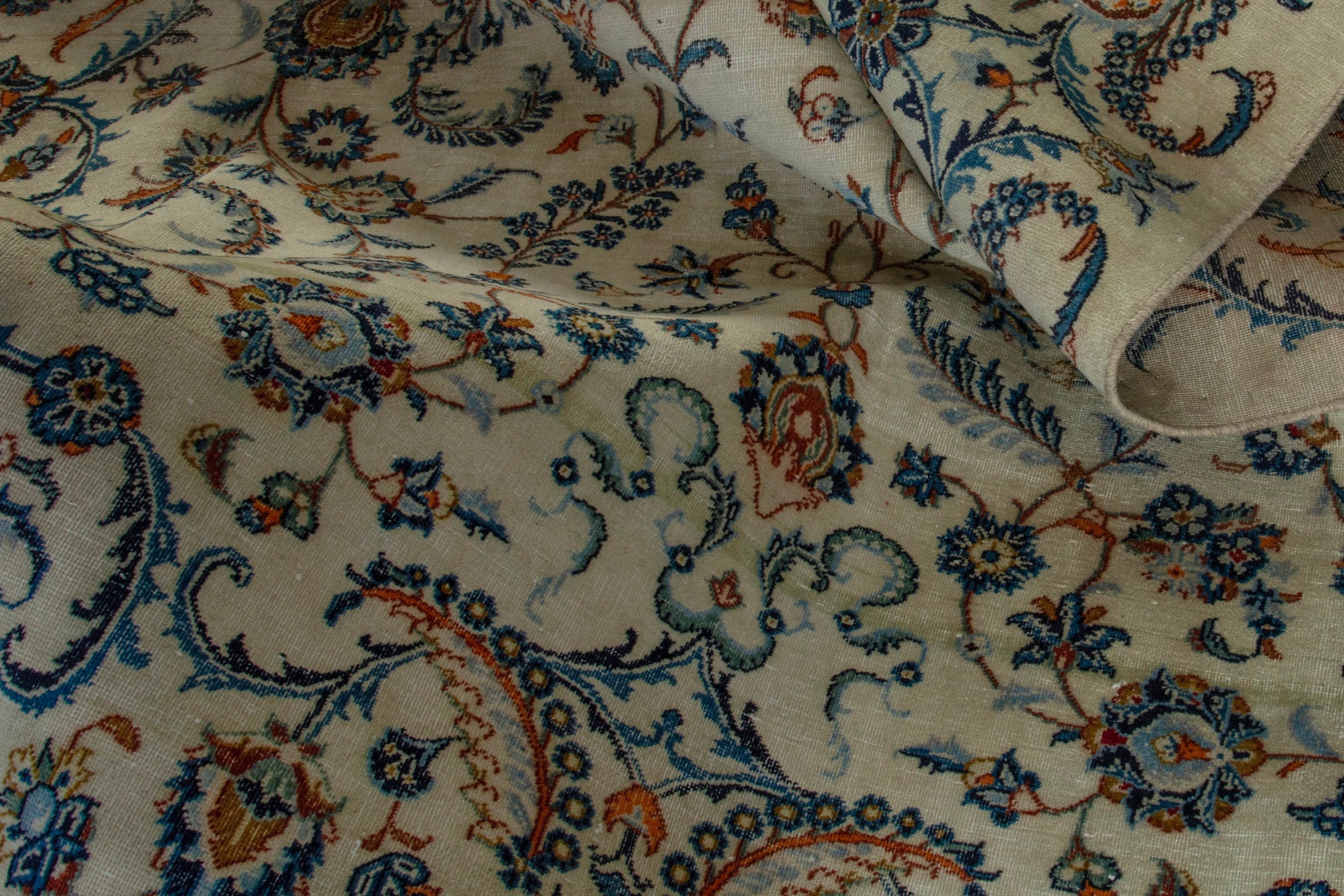 Persian Kashan oversized rug in cream and navy, view 19 of 22