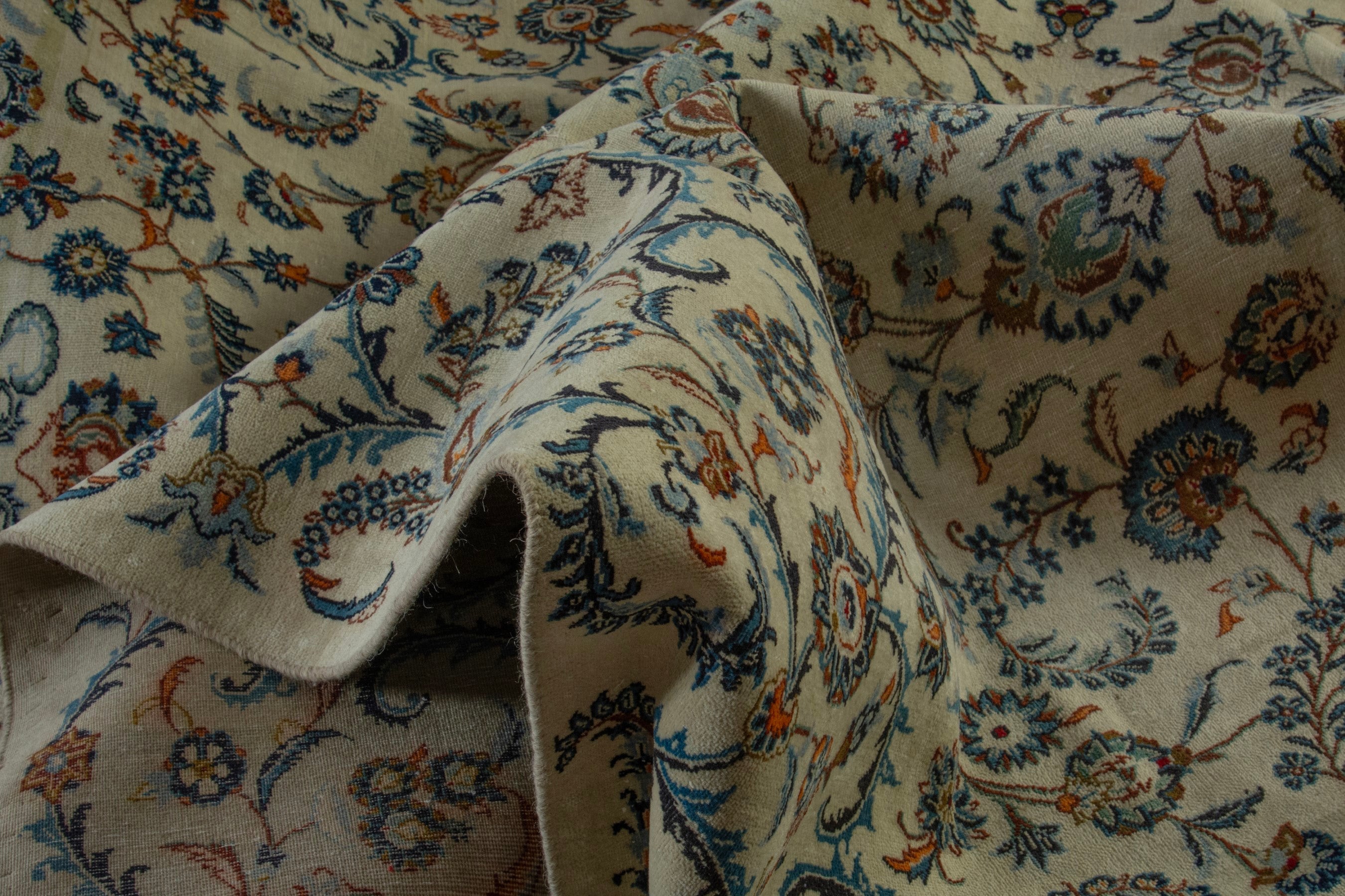 Persian Kashan oversized rug in cream and navy, view 20 of 22