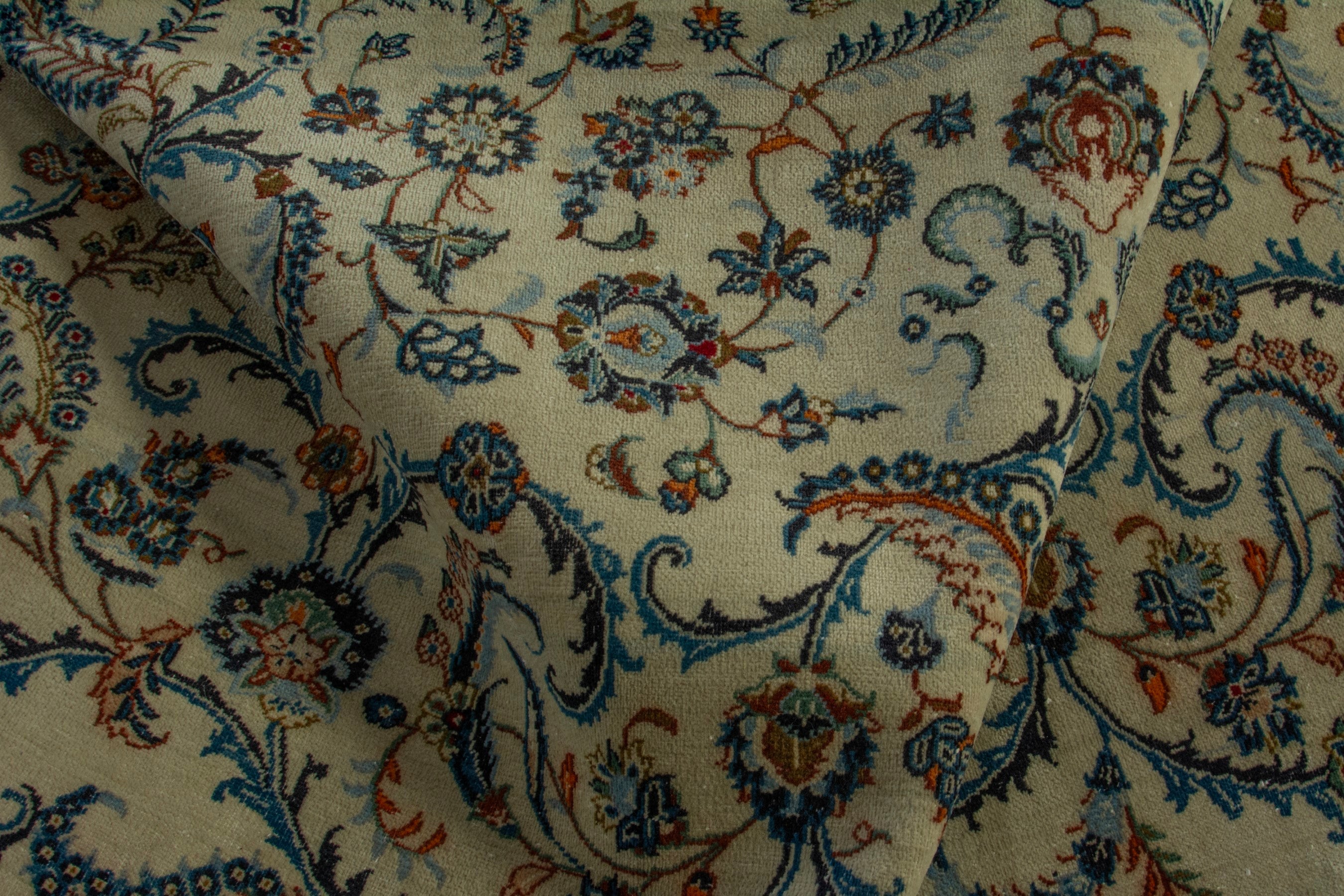 Persian Kashan oversized rug in cream and navy, view 21 of 22