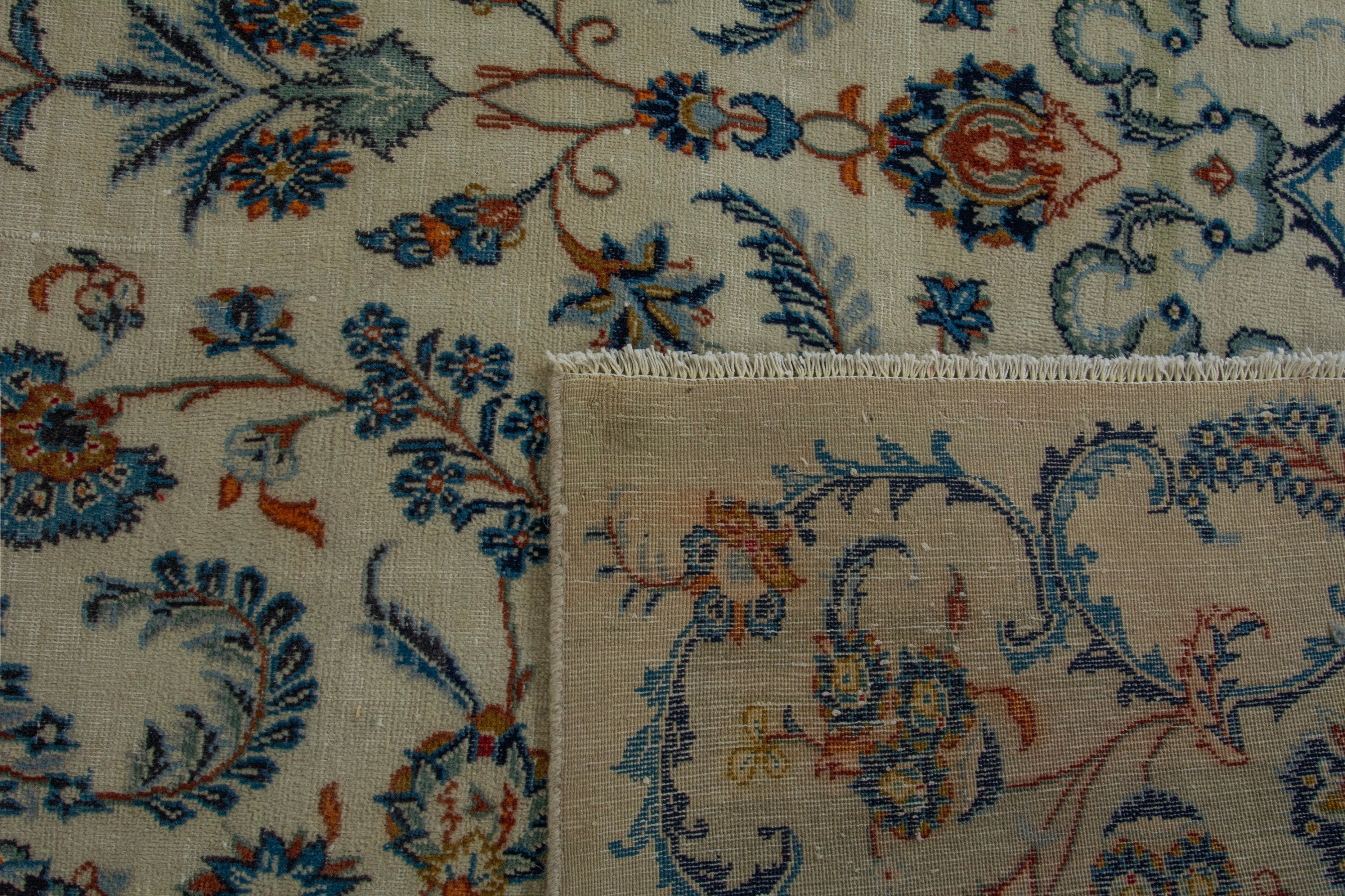 Persian Kashan oversized rug in cream and navy, view 22 of 22