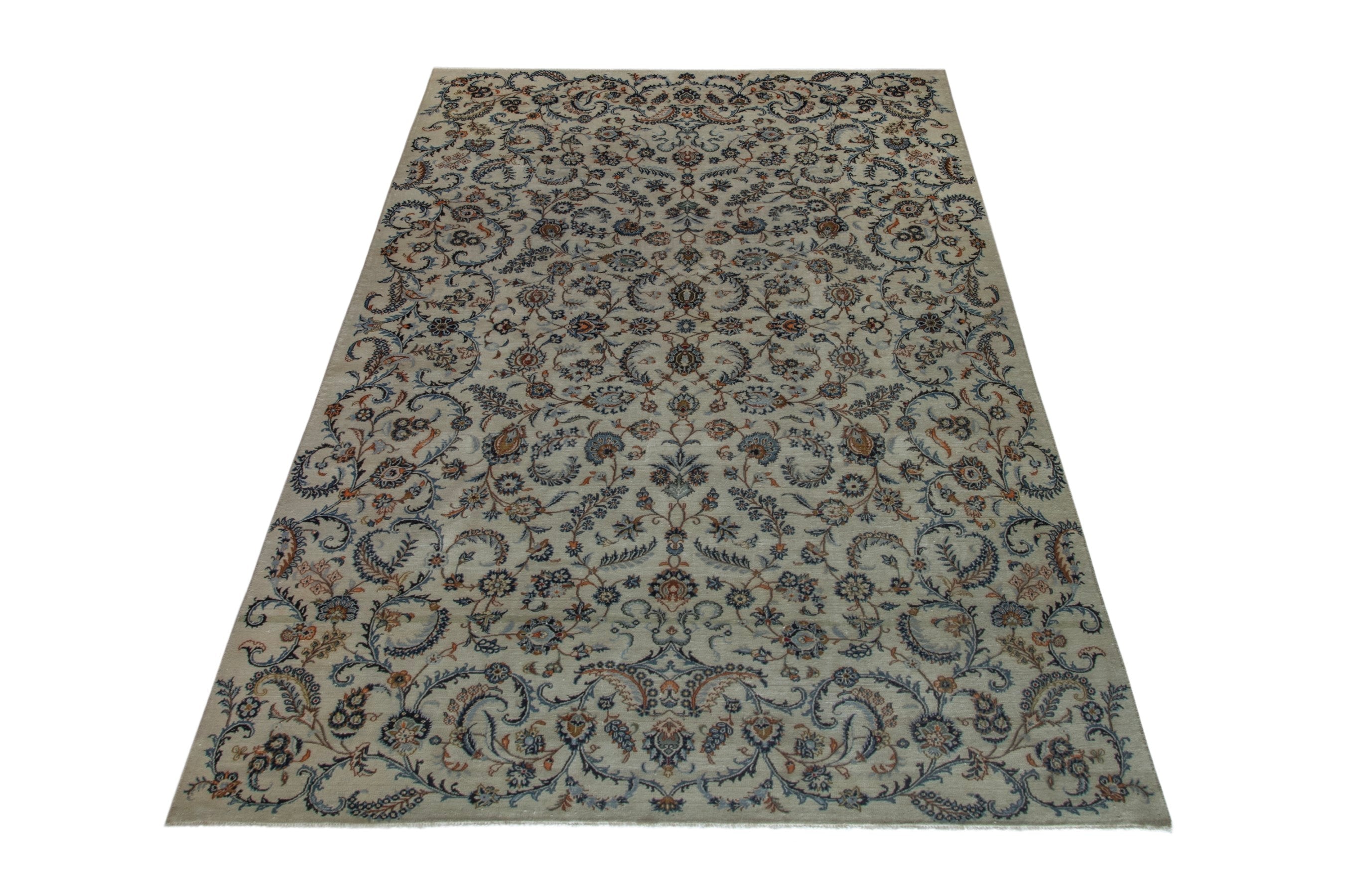 Persian Kashan oversized rug in cream and navy, view 2 of 22