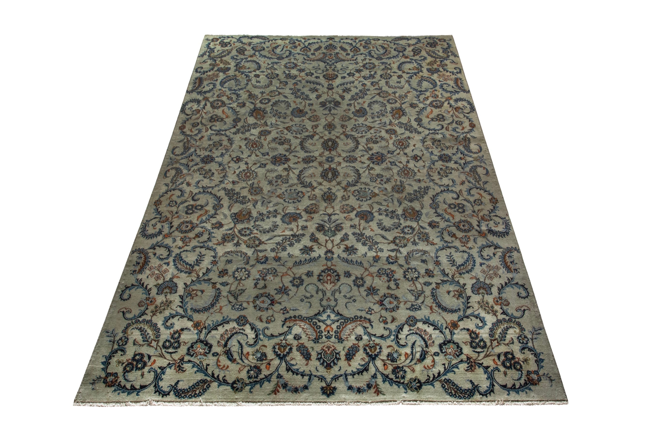 Persian Kashan oversized rug in cream and navy, view 3 of 22