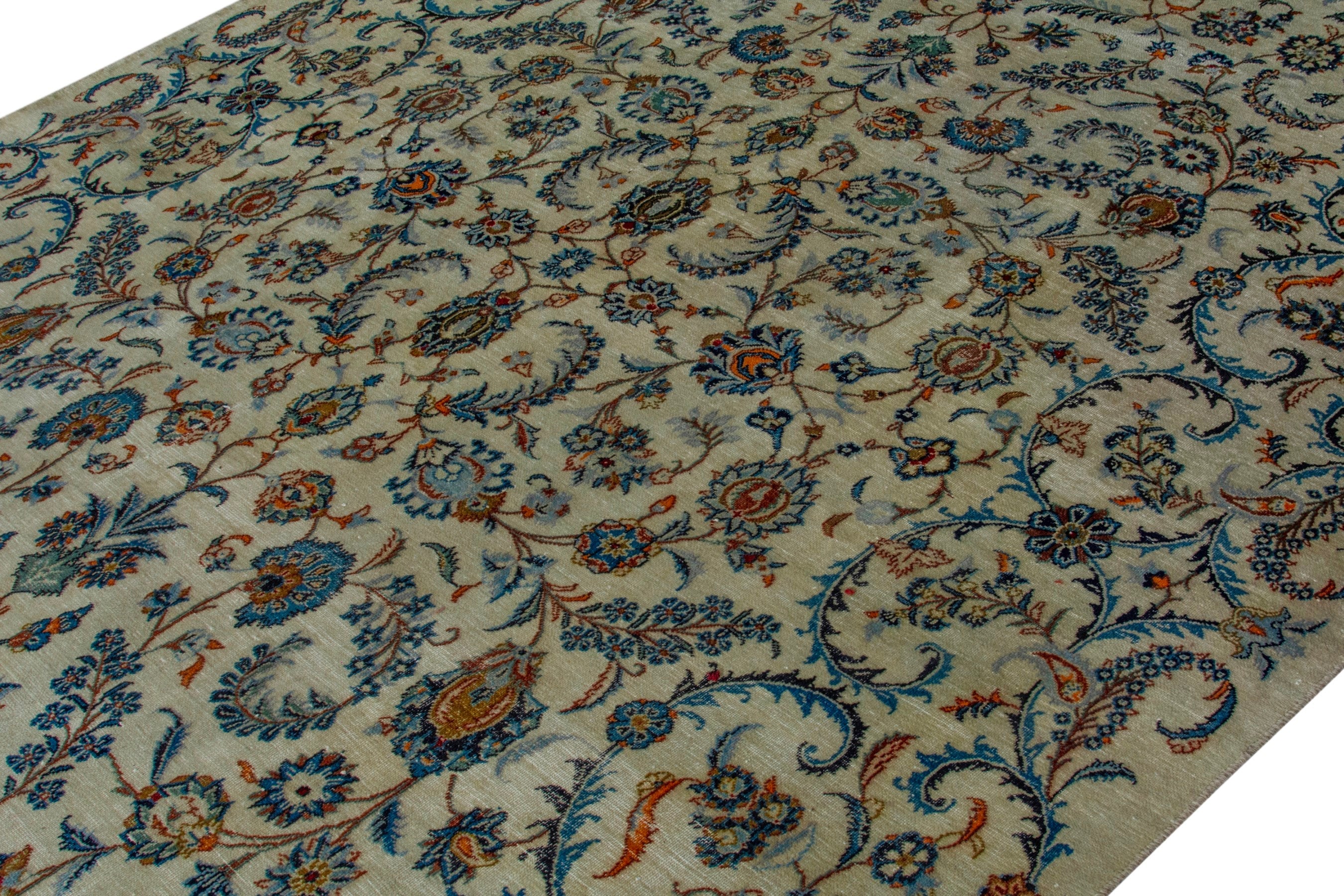 Persian Kashan oversized rug in cream and navy, view 4 of 22