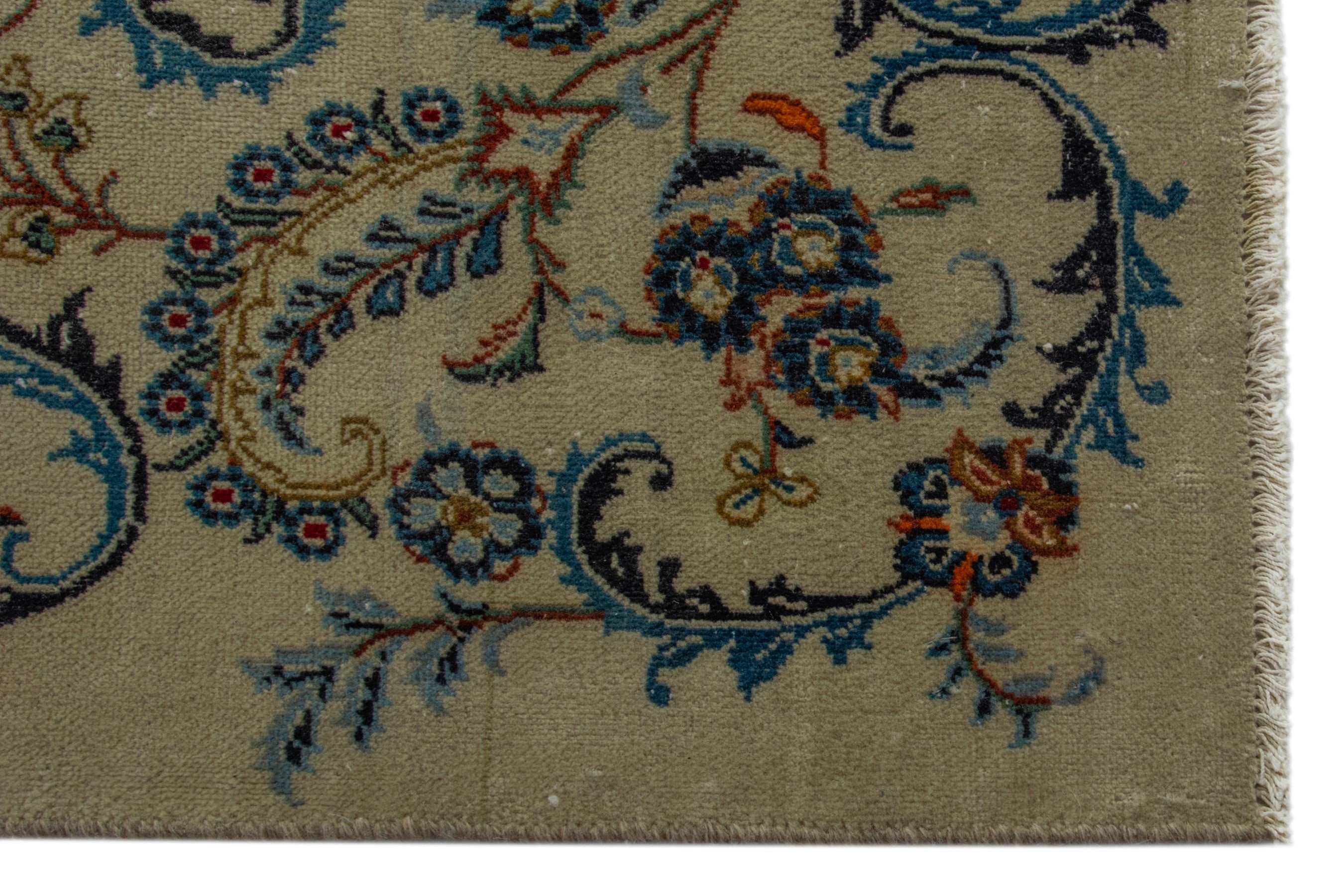 Persian Kashan oversized rug in cream and navy, view 6 of 22