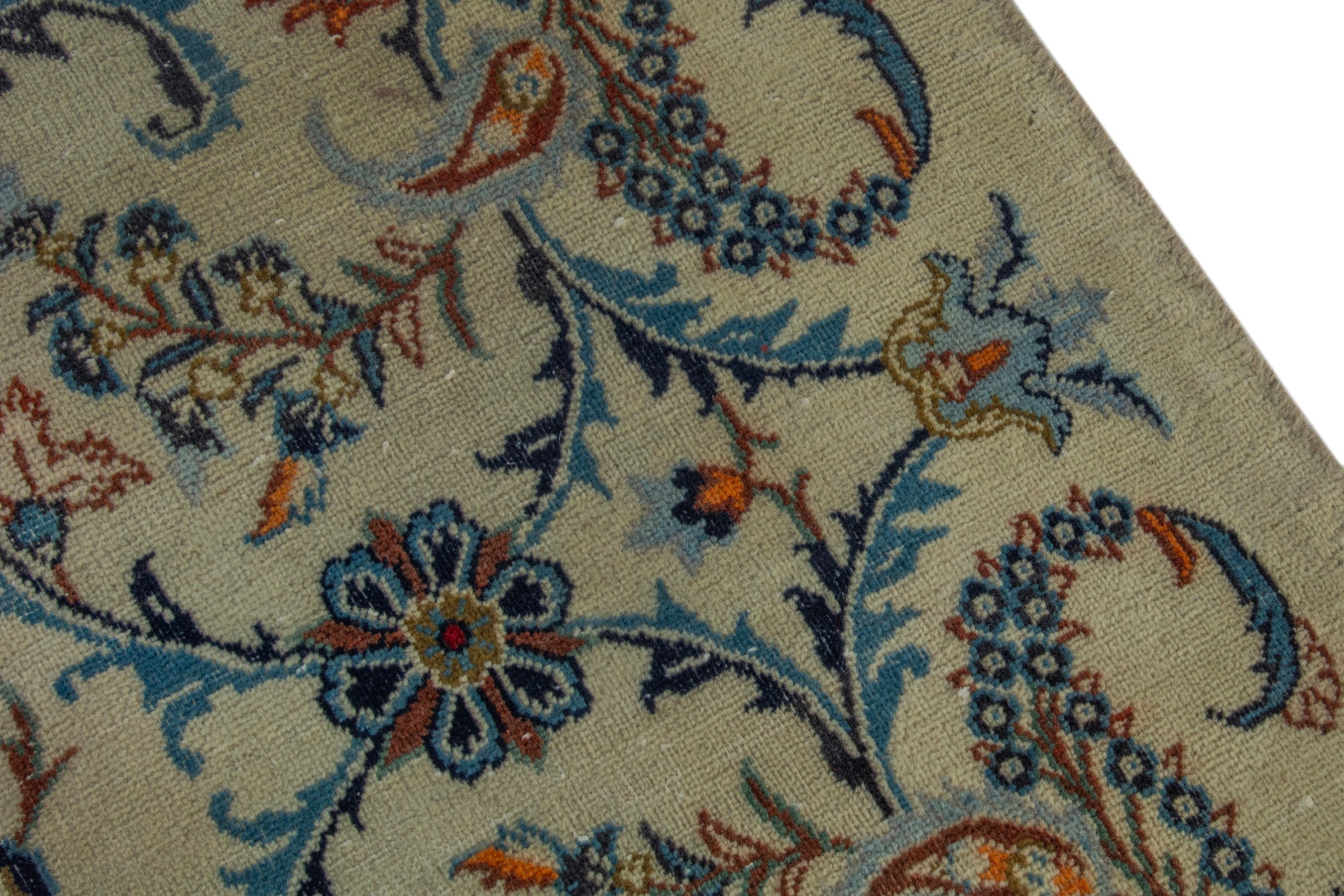 Persian Kashan oversized rug in cream and navy, view 8 of 22