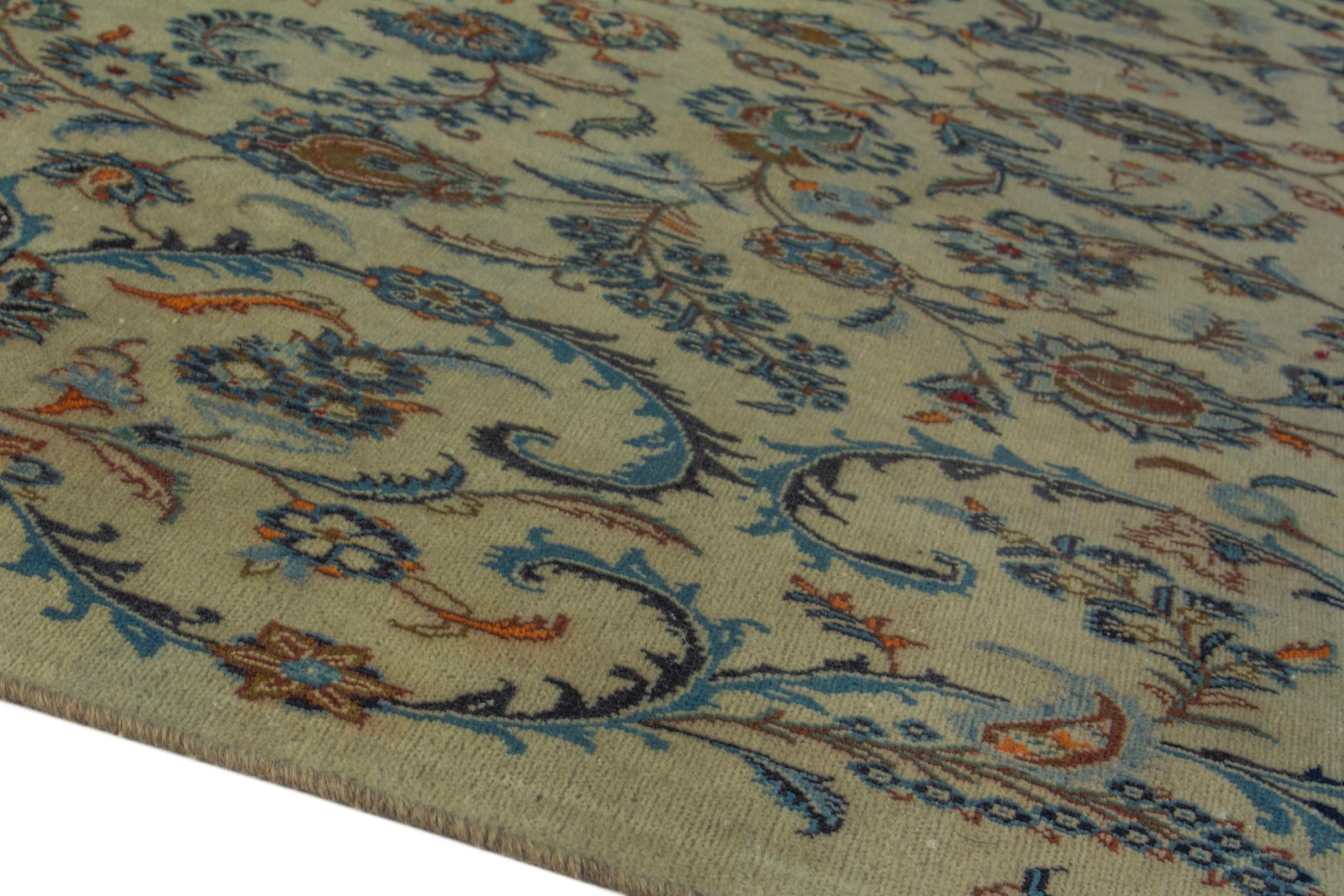 Persian Kashan oversized rug in cream and navy, view 9 of 22
