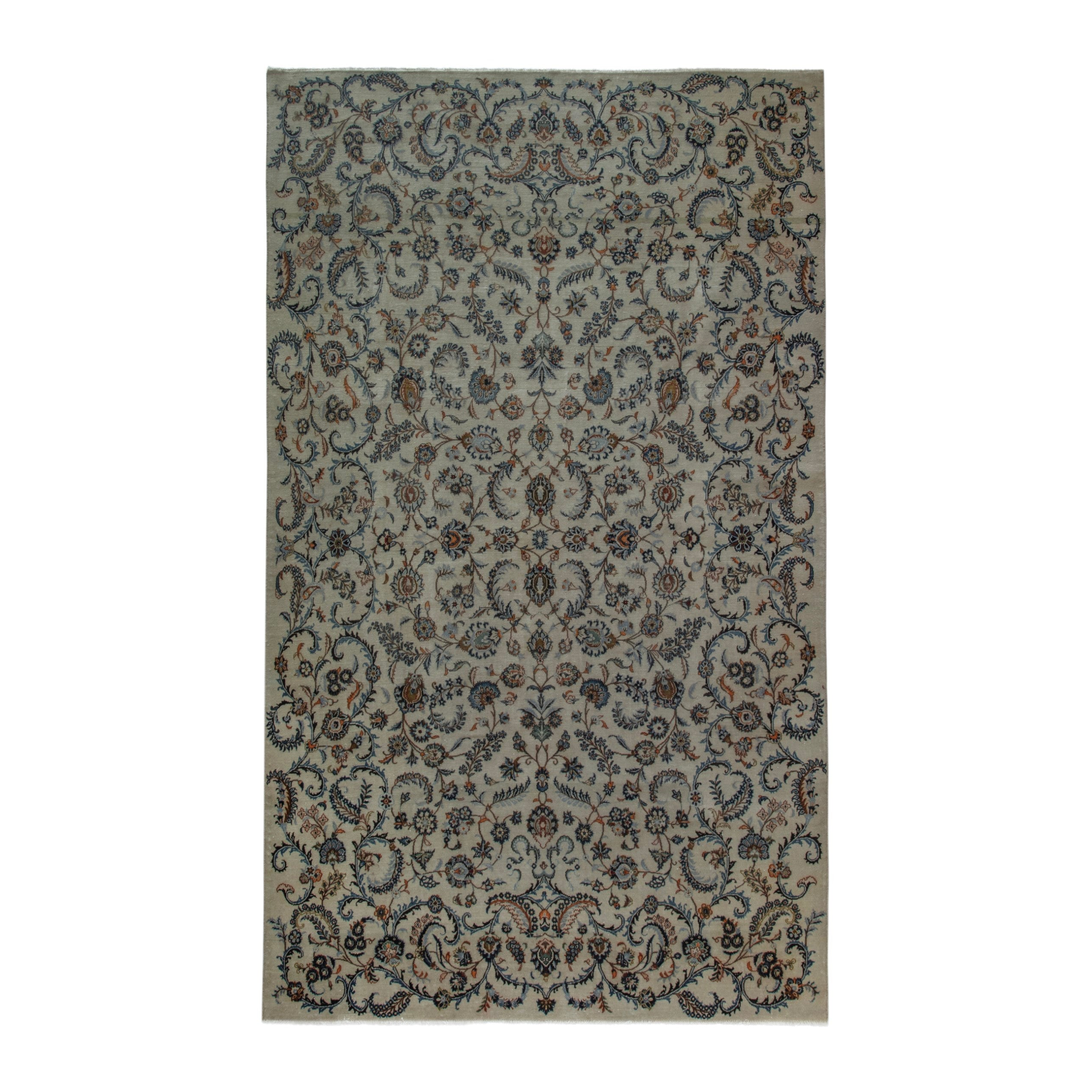 Persian Kashan oversized rug in cream and navy, 7'7" x 12'6"