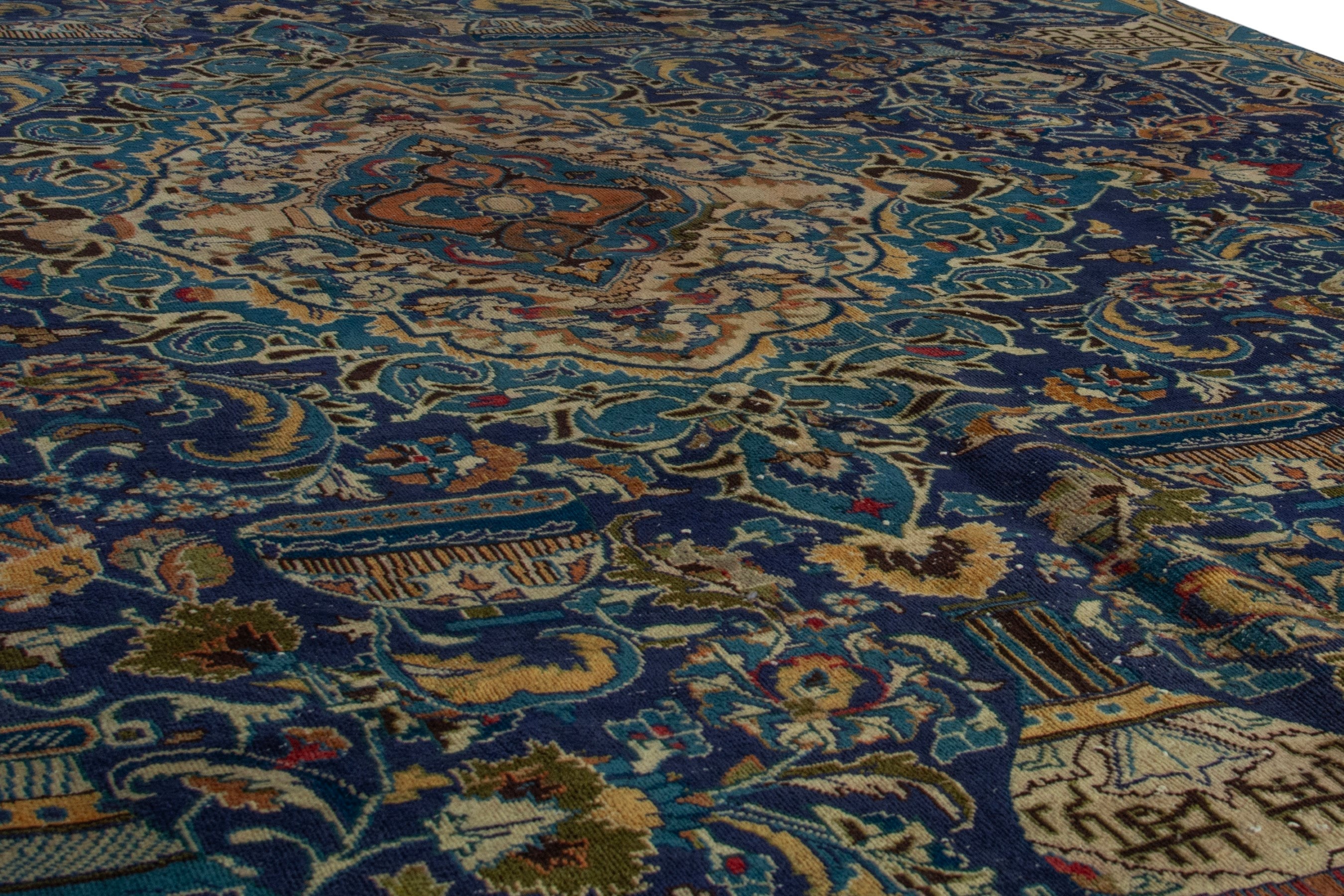 Persian Kashmar area rug in navy and gold, view 10 of 20