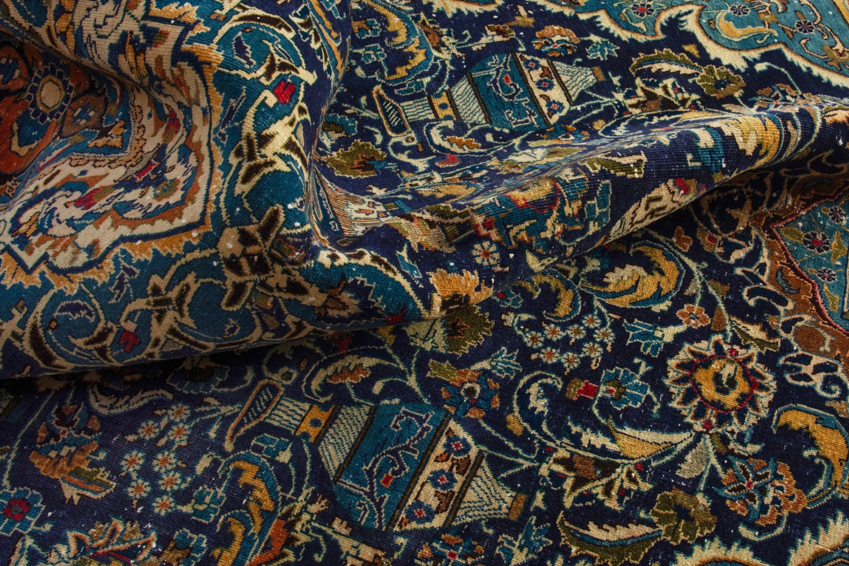 Persian Kashmar area rug in navy and gold, view 16 of 20