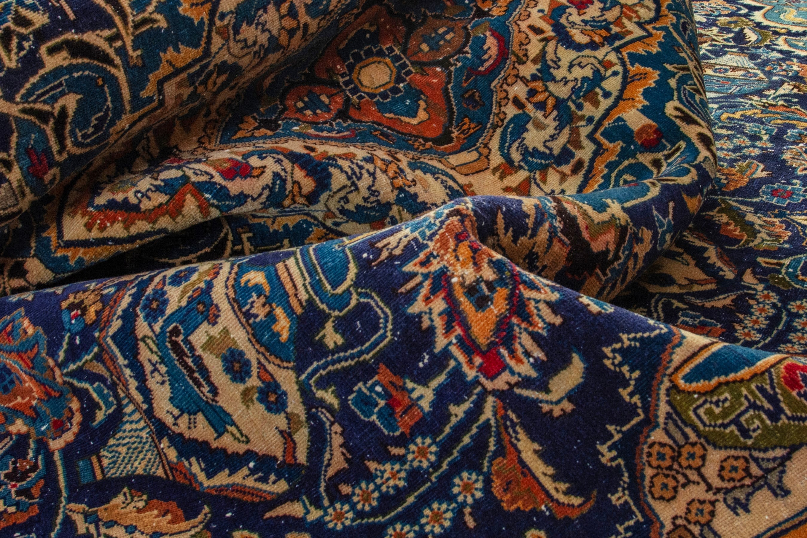 Persian Kashmar area rug in navy and gold, view 17 of 20