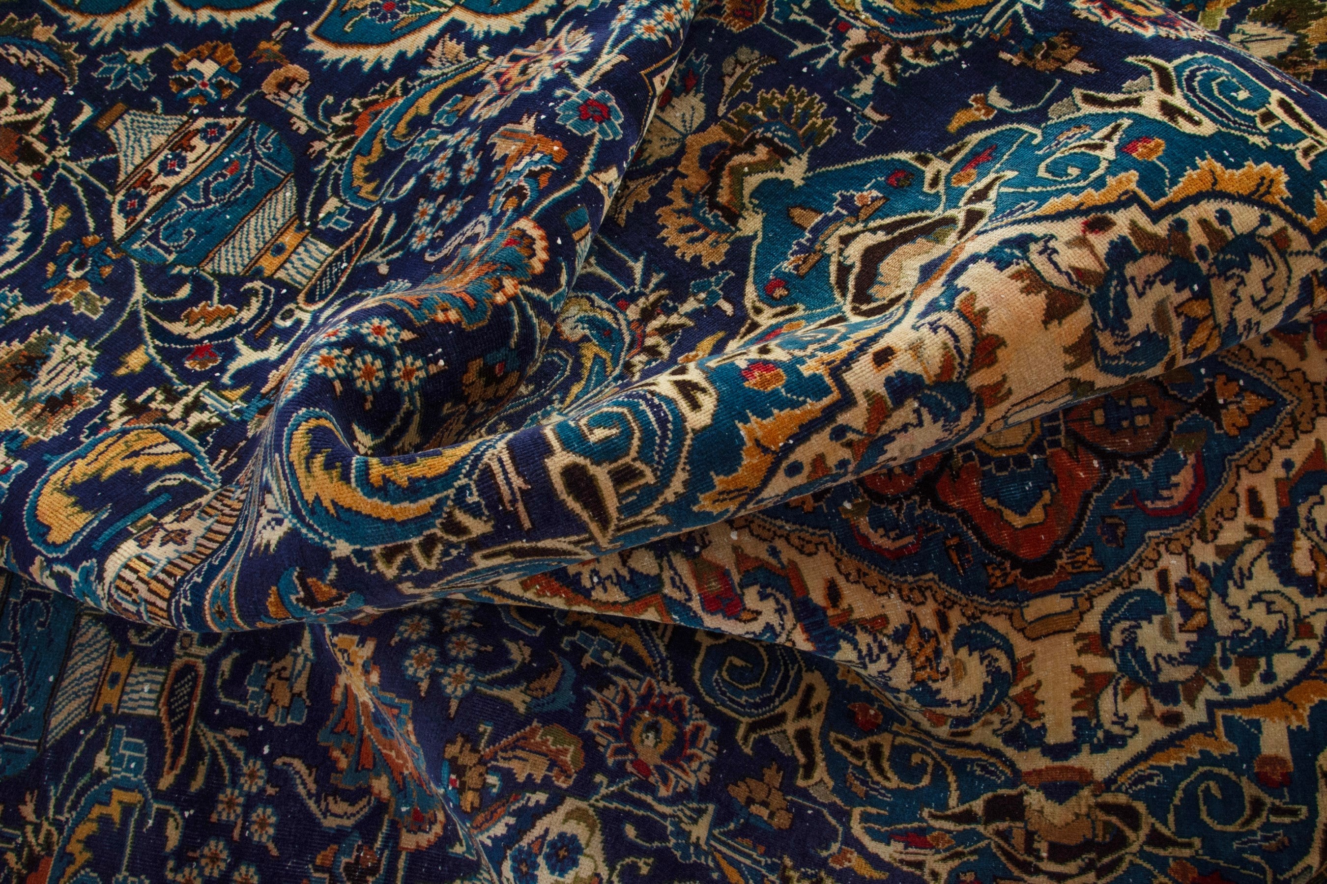 Persian Kashmar area rug in navy and gold, view 18 of 20