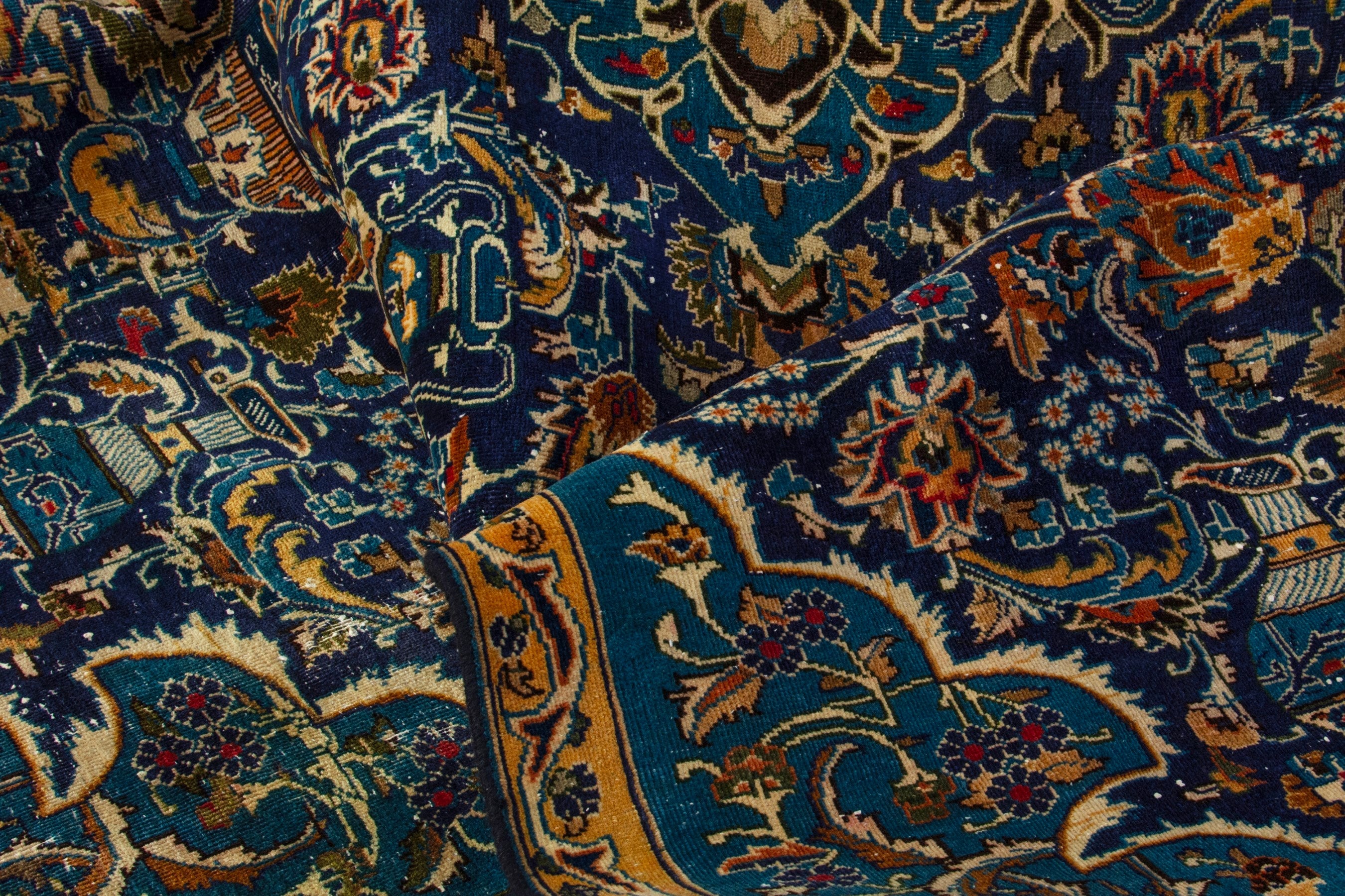 Persian Kashmar area rug in navy and gold, view 19 of 20