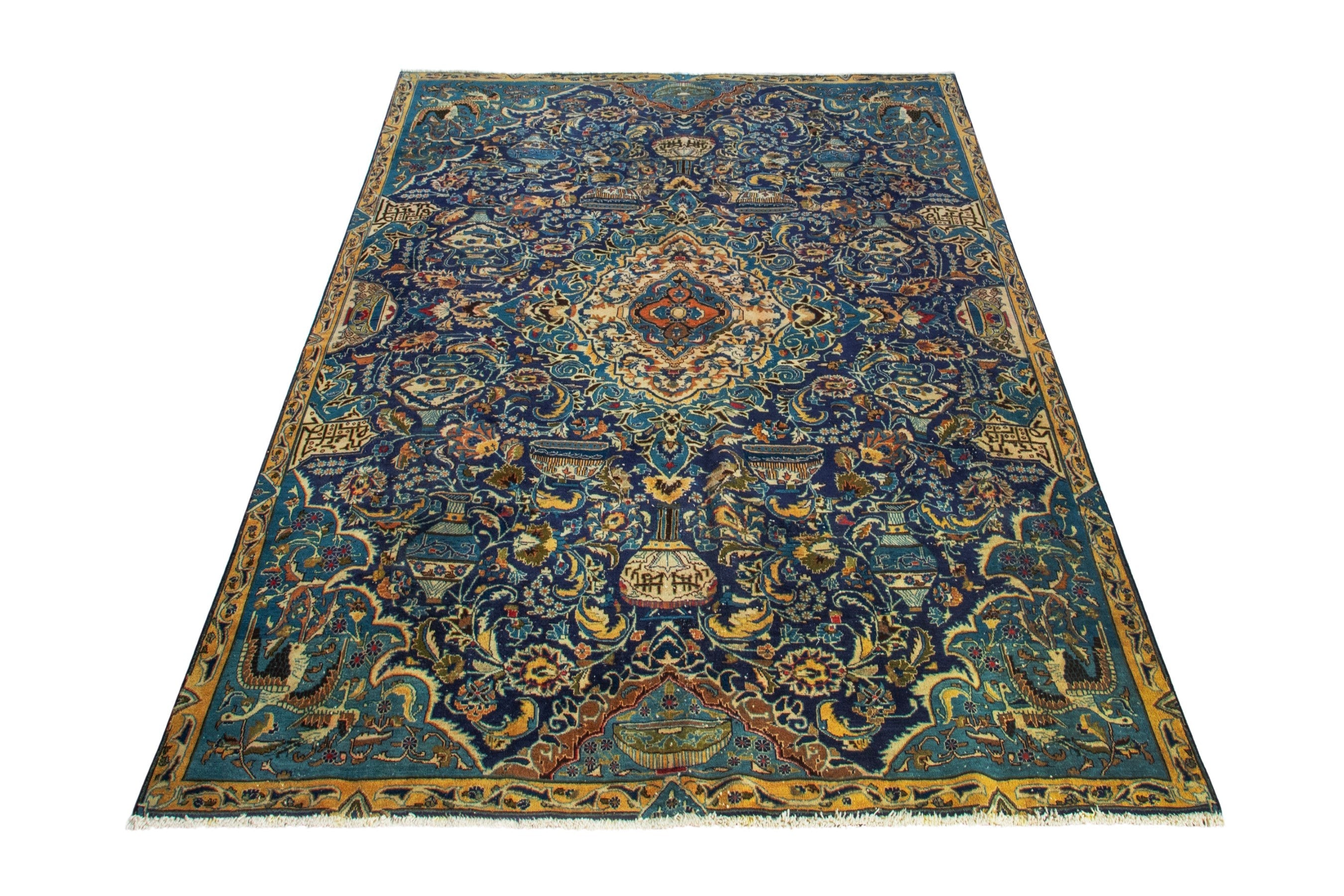Persian Kashmar area rug in navy and gold, view 2 of 20