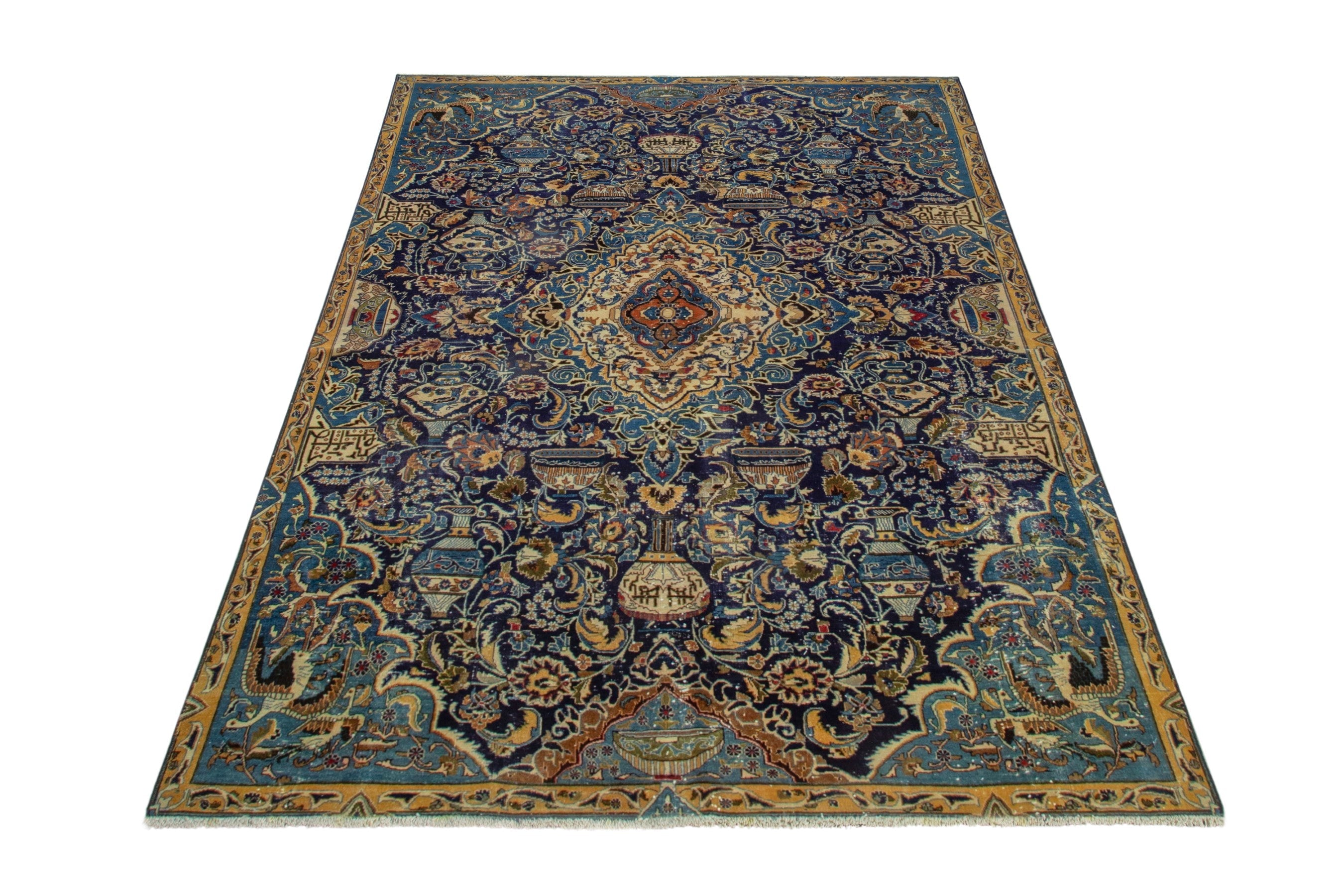 Persian Kashmar area rug in navy and gold, view 3 of 20