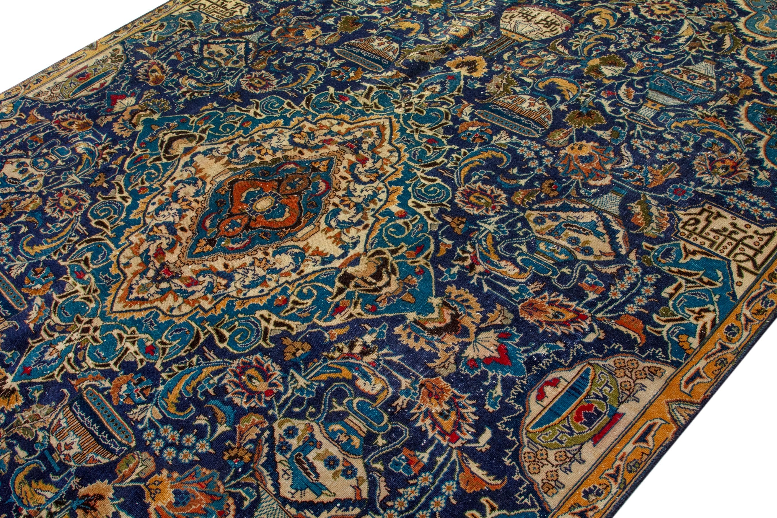 Persian Kashmar area rug in navy and gold, view 4 of 20