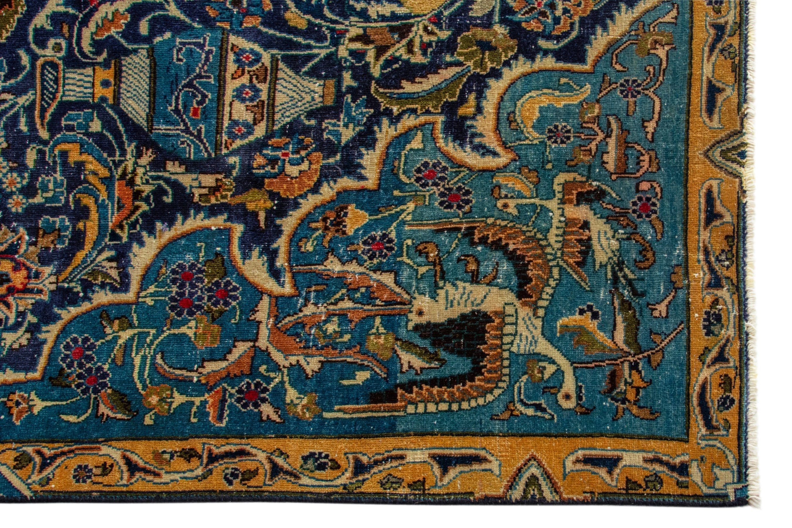 Persian Kashmar area rug in navy and gold, view 5 of 20
